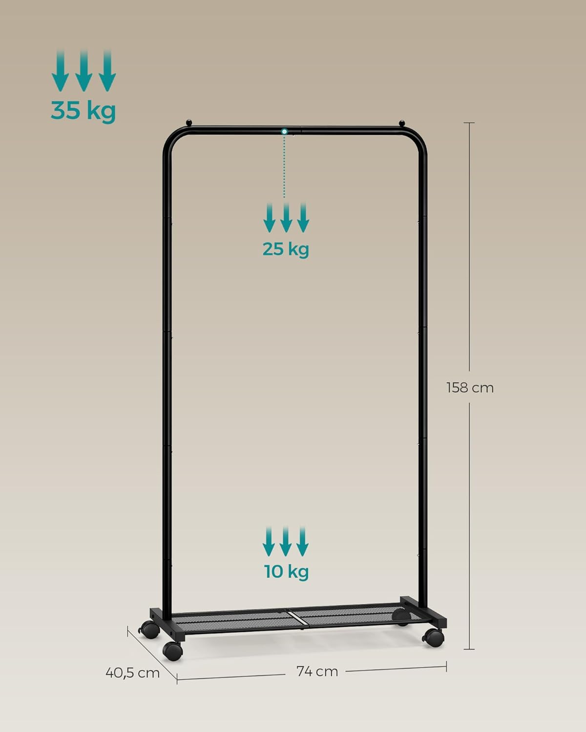 Kleiderständer mit Rollen und Gitterablage (bis 35 kg), Schwarz 74 x 40,5 x 158 cm