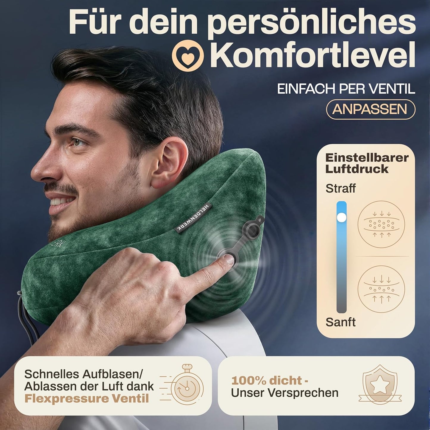 Aufblasbares Nackenkissen mit abnehmbarer Kapuze, Grösse L, Grün Gross - passt den meisten