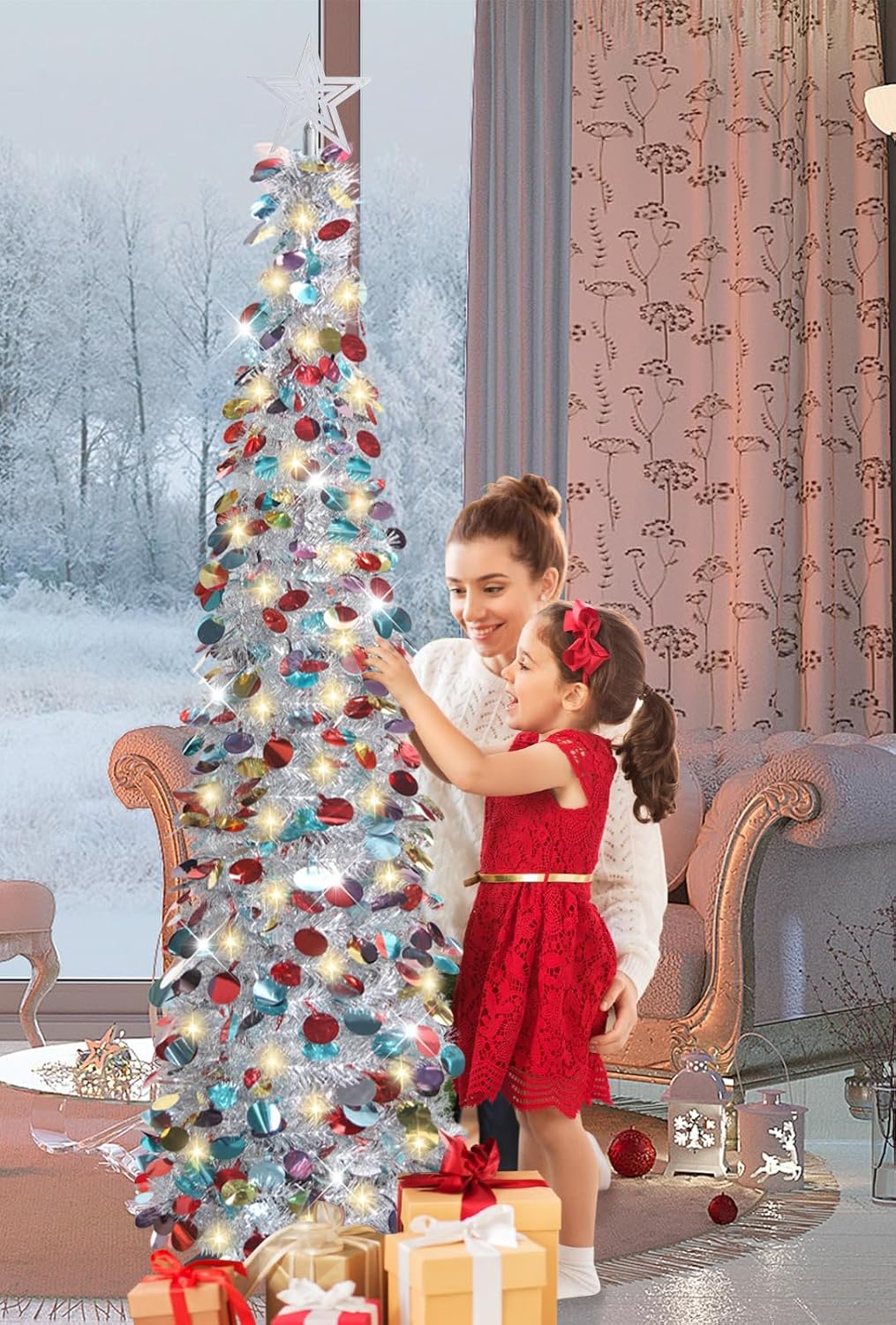Pop-Up Lametta Weihnachtsbaum, 152.4 cm Buntes Silber