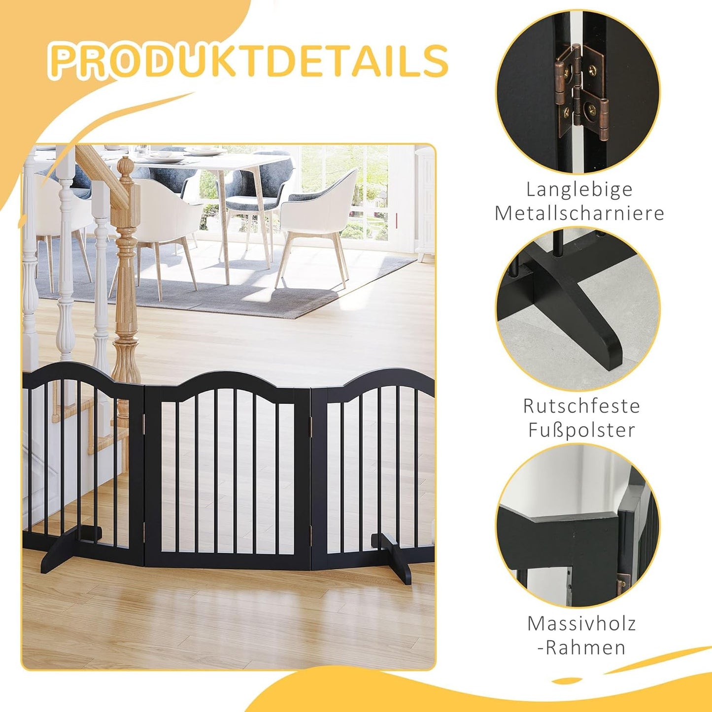 3-teiliges Schutzgitter mit zwei Stützfüssen, 154,5L x 29,5B x 61H cm Schwarz