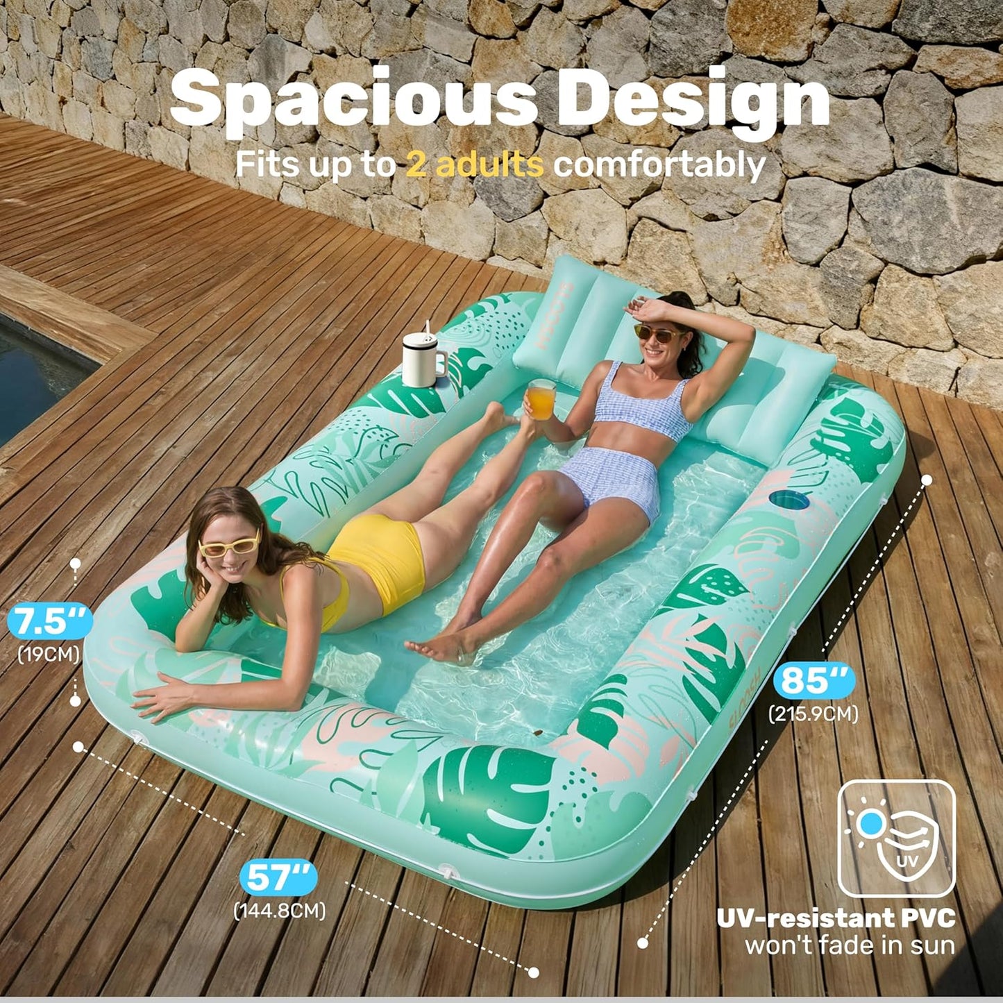 Aufblasbarer 4-in-1 Sonnenliegepool mit Kissen und Getränkehalter, Aquablau Tropisch XL