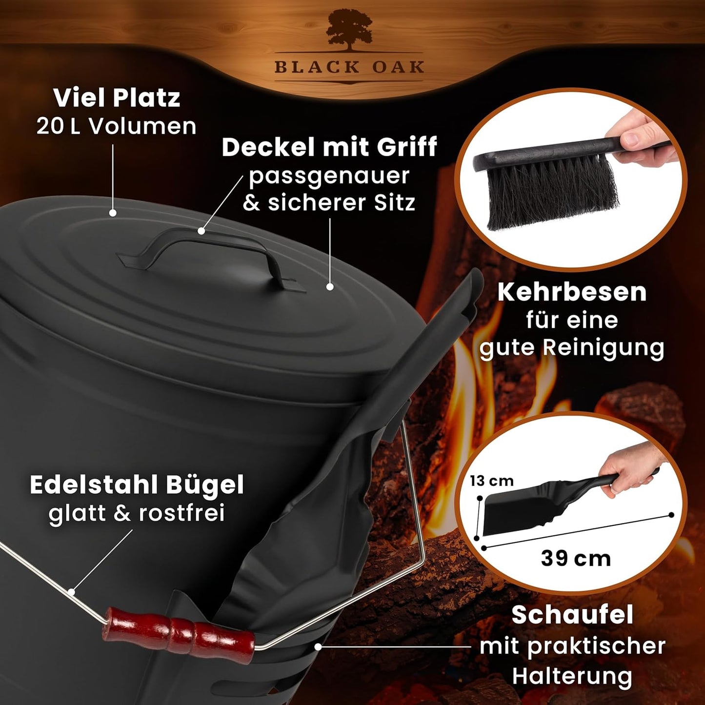 Ascheeimer Stromboli 20L, Bügel silber + Besen