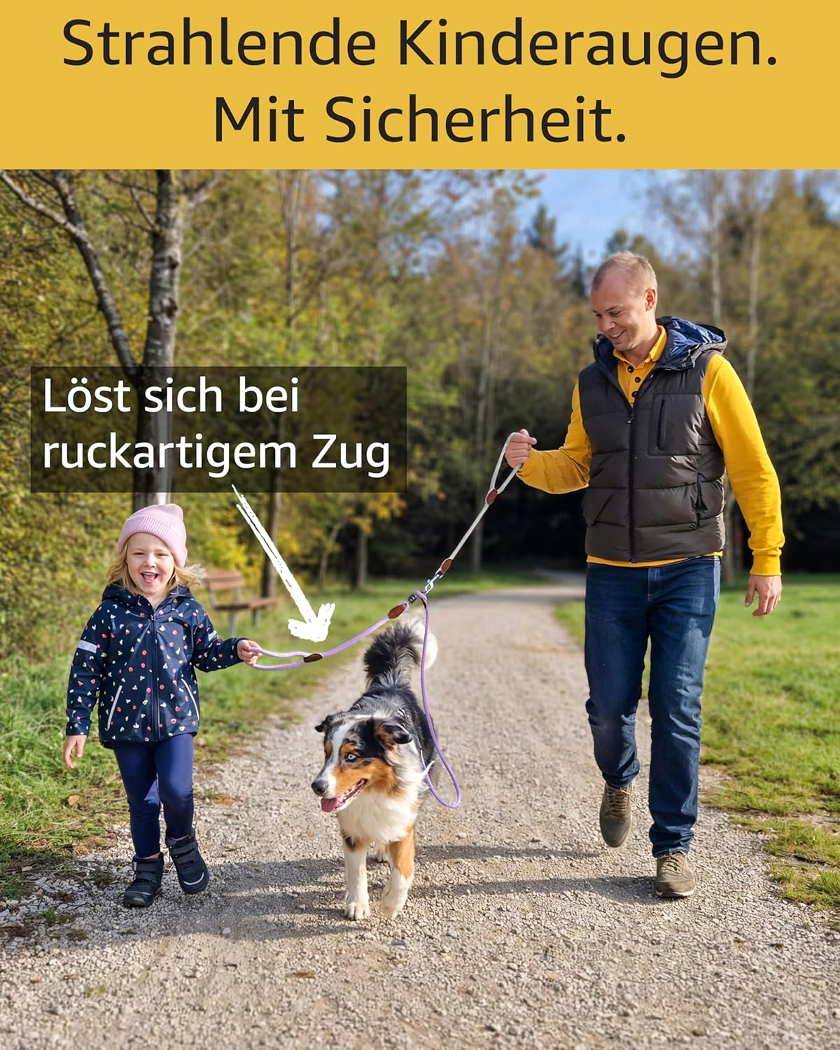 Kindersichere Hundeleine mit Magnetschlaufe, 65cm + 70cm (Kinderschl.) und 54cm (Elternschl.) / Flieder Lila - Mint