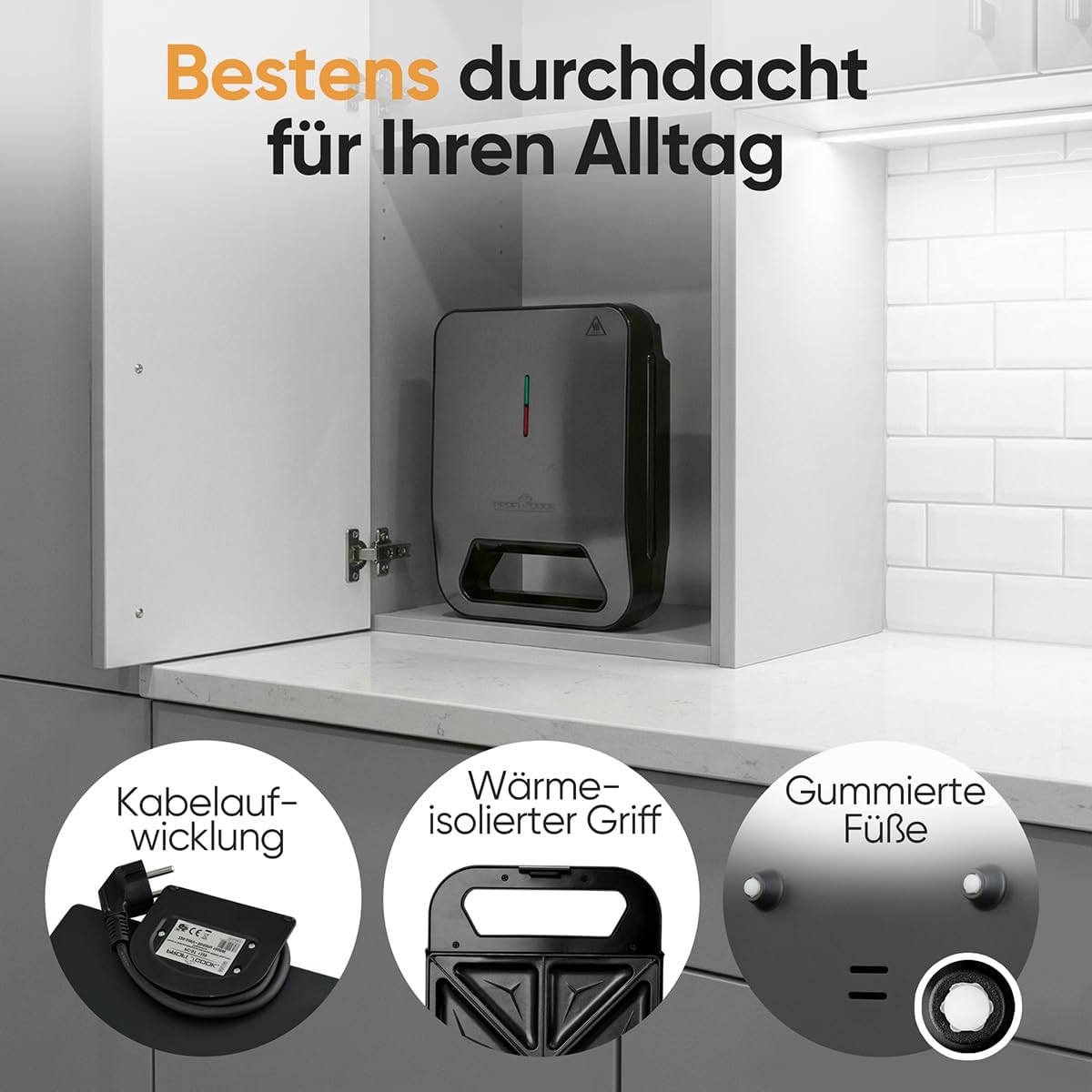 Sandwichmaker für 4 Sandwiches mit Antihaft-Platten, Schwarz