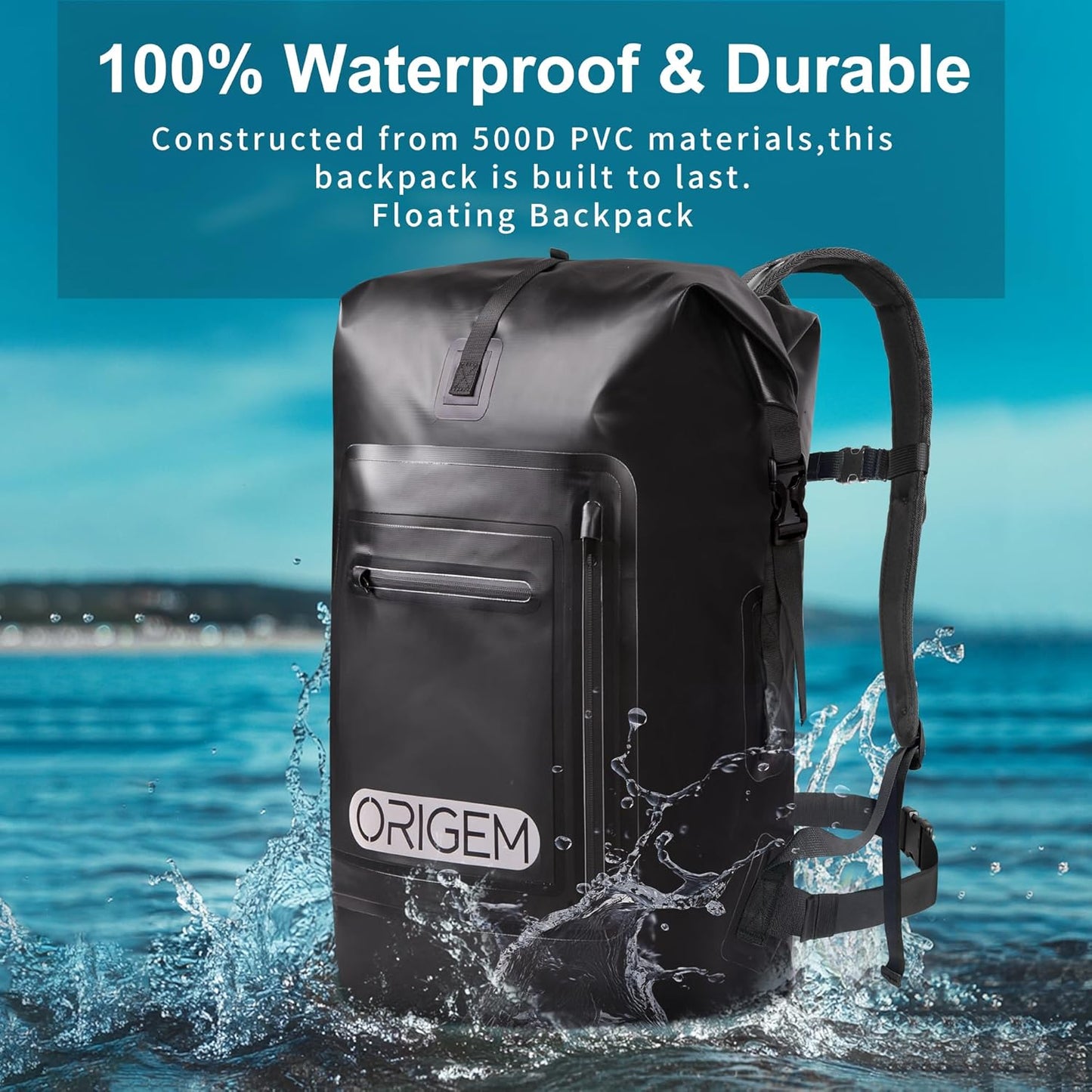 Wasserdichter Rolltop-Rucksack, 55 Liter, Schwarz 55L