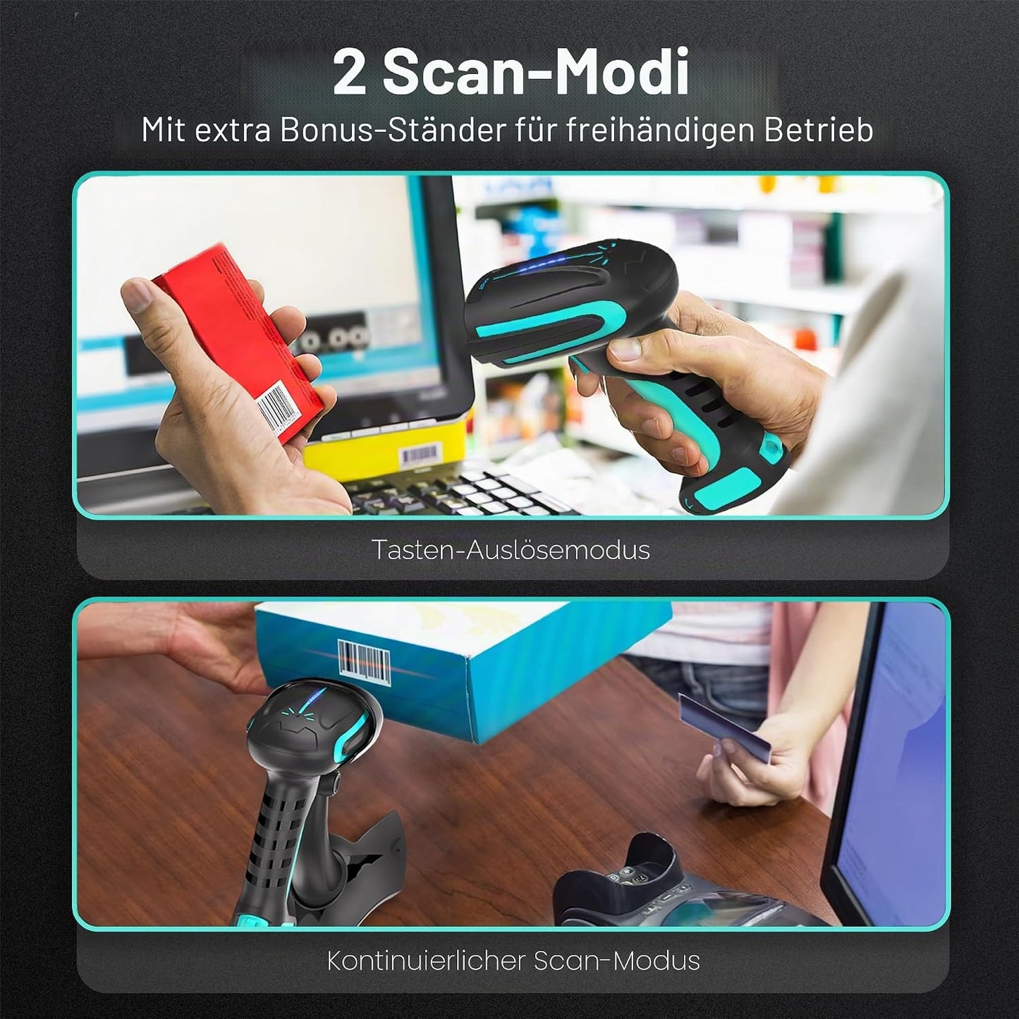 Pro 3 in 1 Barcodescanner 2D/1D kabellos & kabelgebunden, 2D kabellos mit Halterung Blau