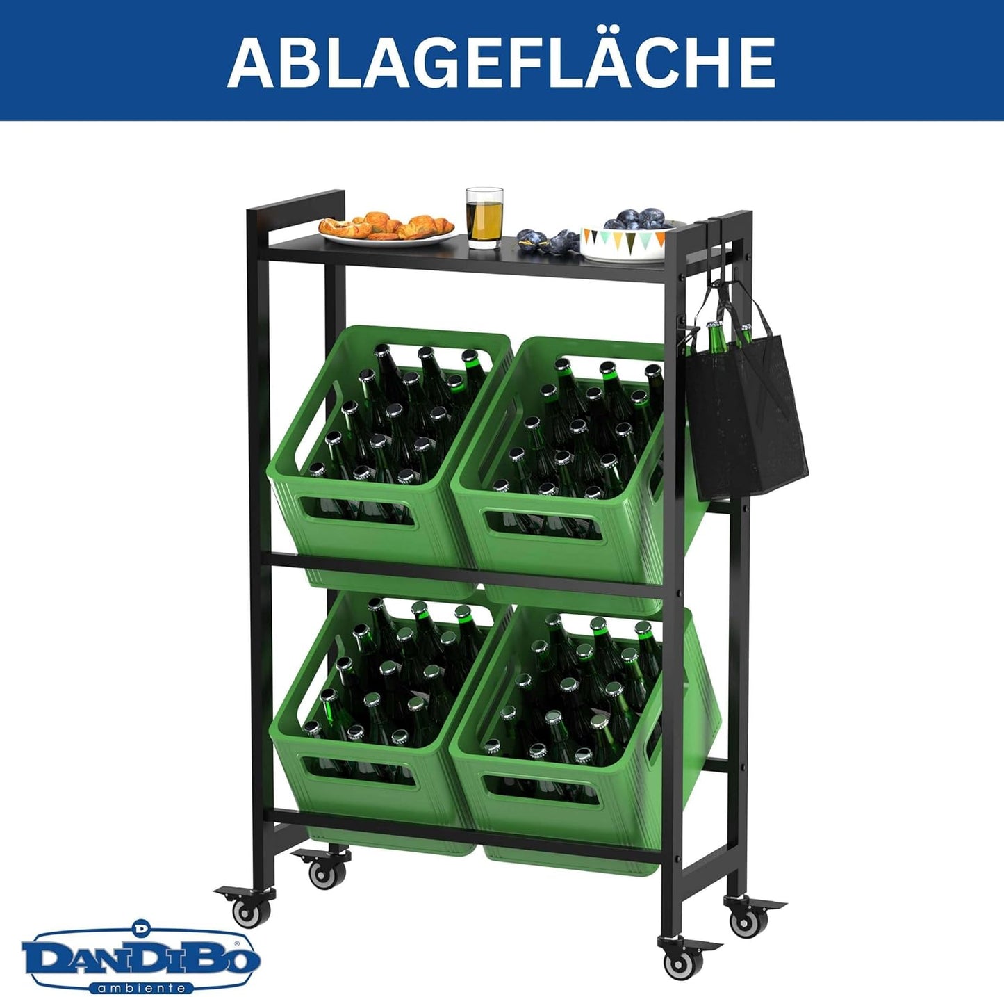 Getränkekistenregal mit Ablage und Rollen
