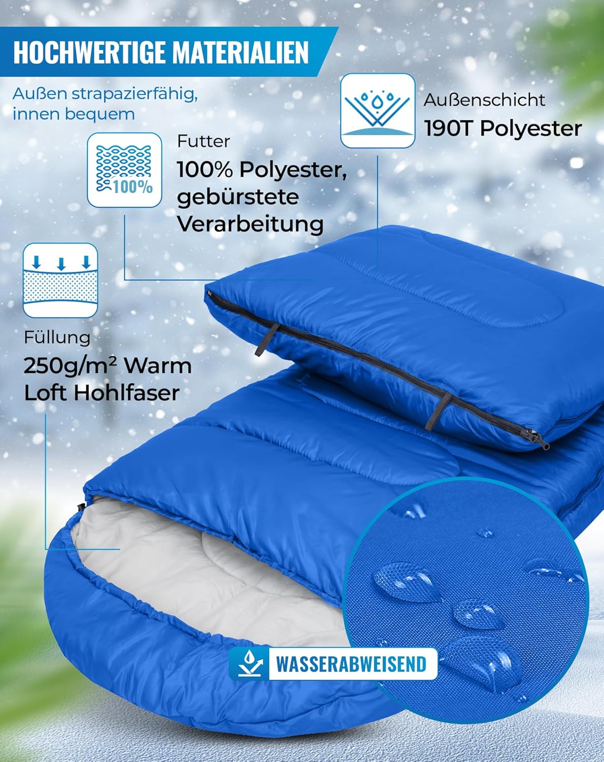 Schlafsack für Erwachsene, Blau L Zip 220×75cm