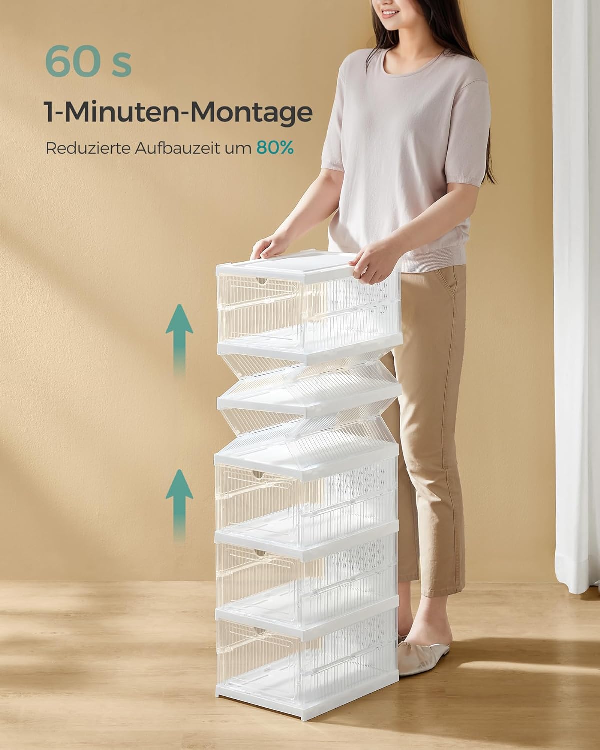 Schuhschrank mit 6 faltbaren Schuhboxen, Transparent + Wolkenweiß 1