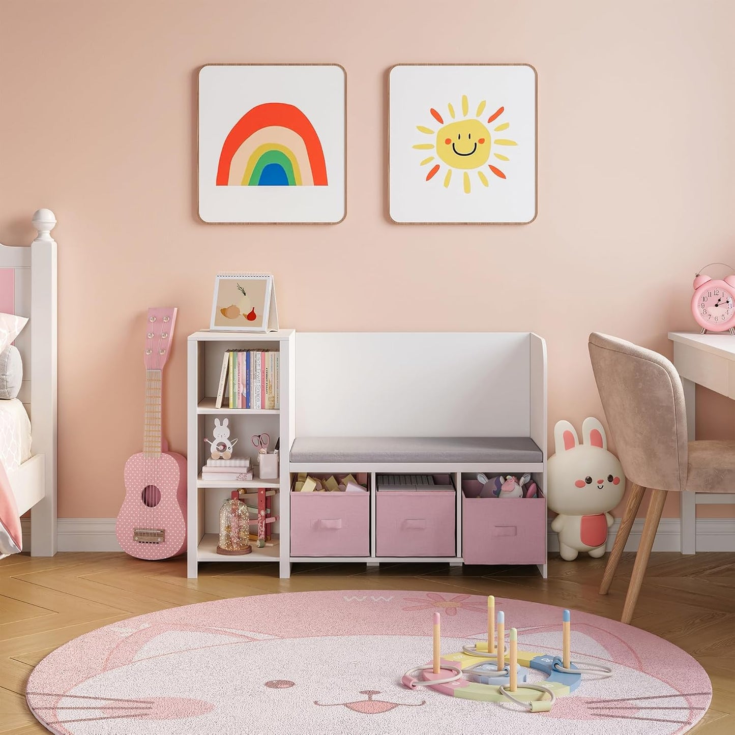 Kinderregal mit Sitzbank und Aufbewahrungsboxen, Weiss / Rosa