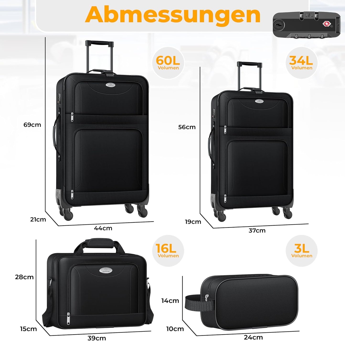 Reisekoffer Set 4-teilig mit TSA-Schloss & Rollen, Schwarz