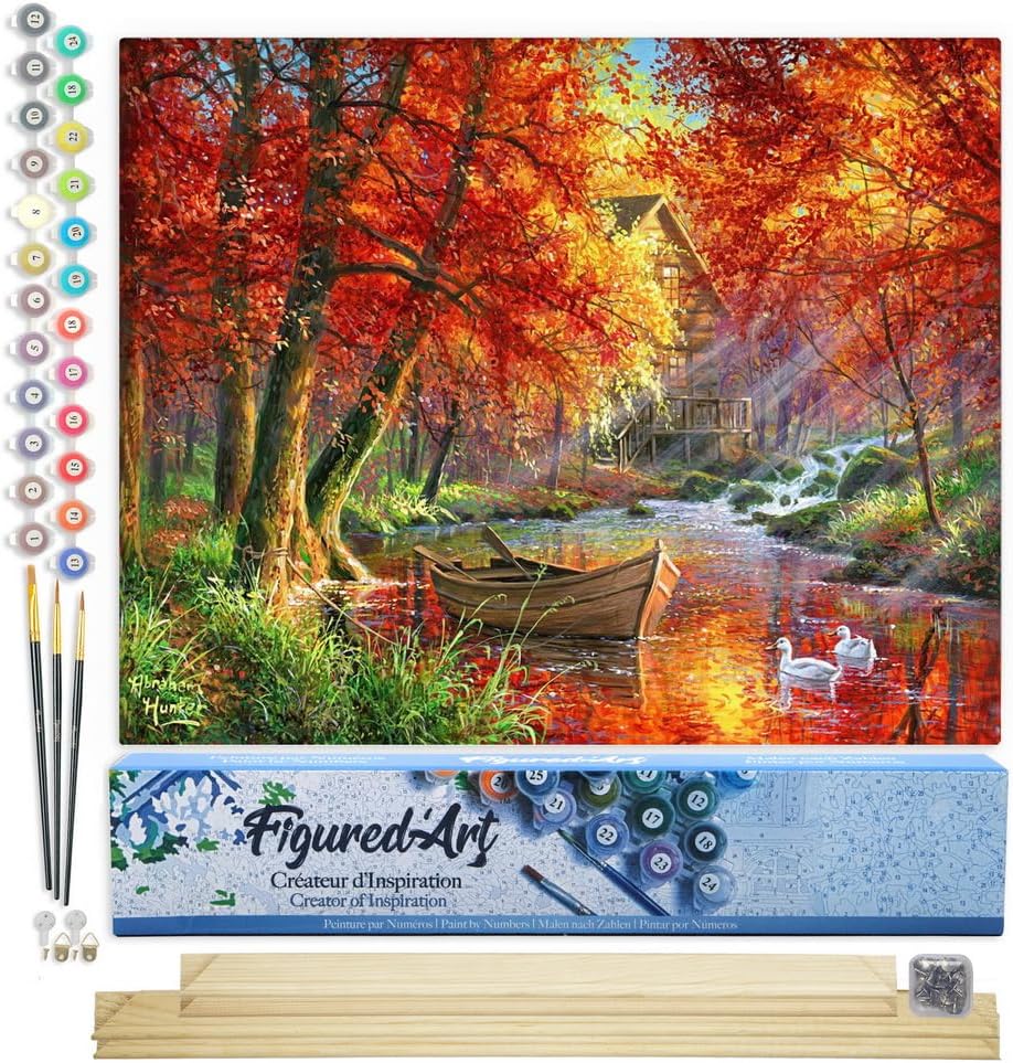 Malen Nach Zahlen Set Herbst, Boot am Herbstlichen Fluss 40x50cm Mit Keilrahmen (nicht gespannt)