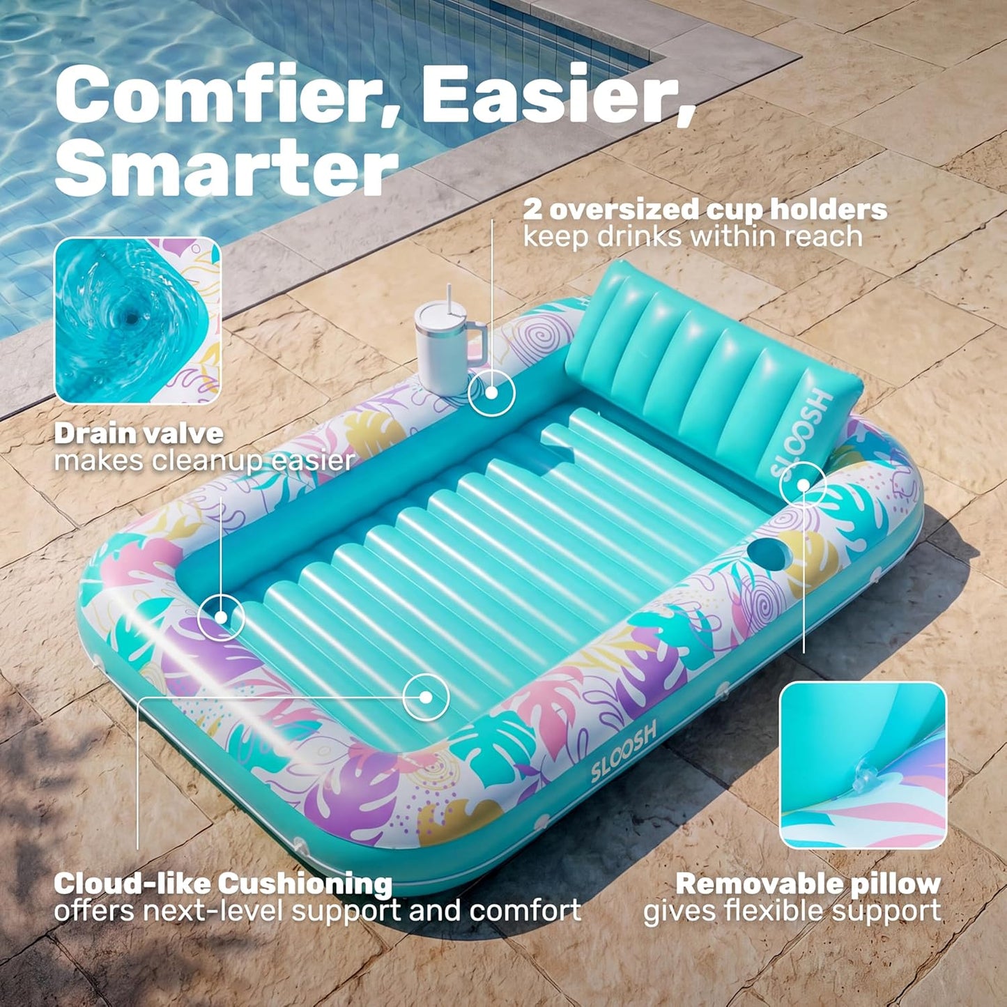 Aufblasbarer 4-in-1 Sonnenliegepool mit Kissen und Getränkehalter, Tropisches Blau L