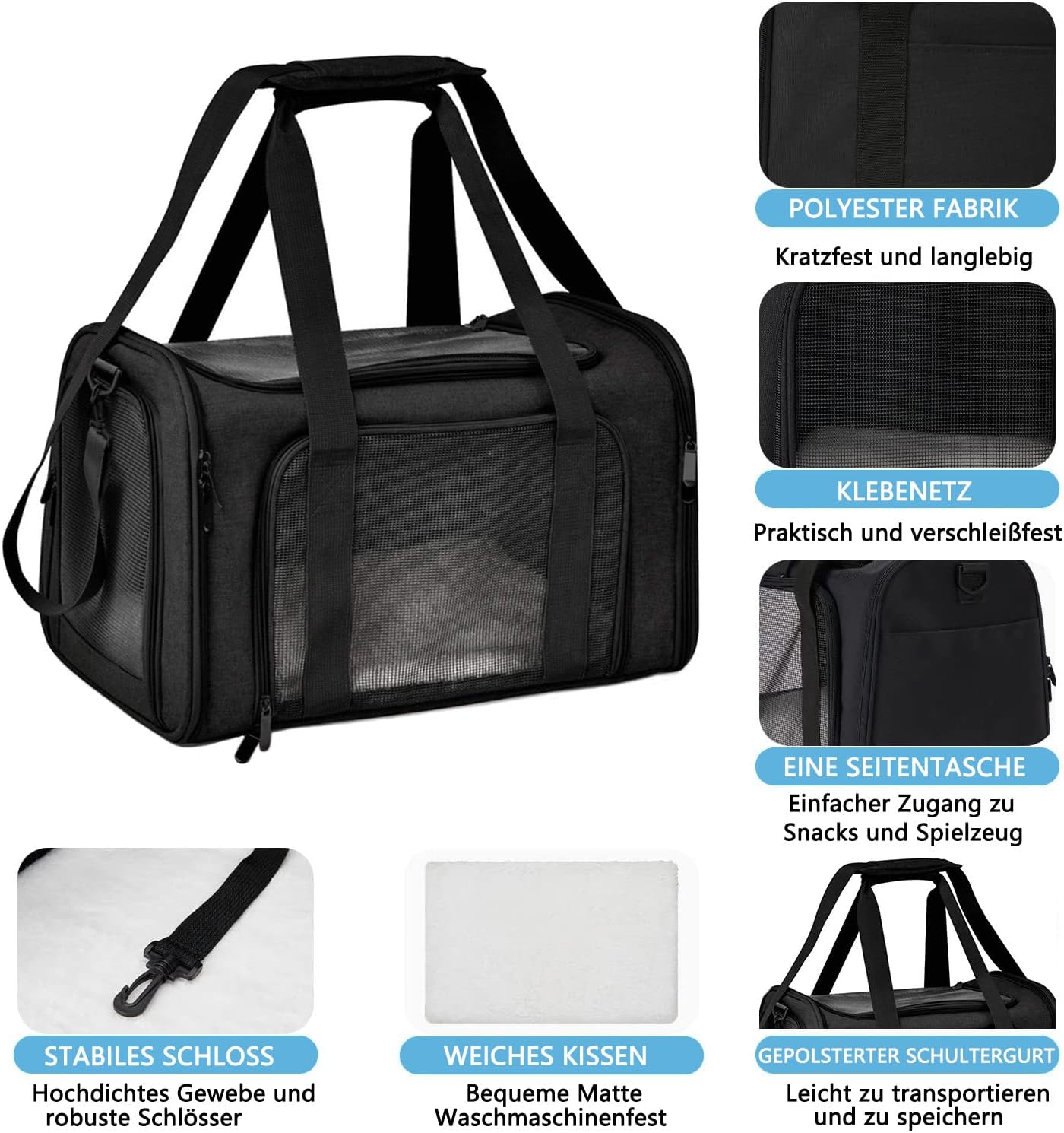Faltbare Tiertransporttasche, 50 x 34 x 34cm, Schwarz