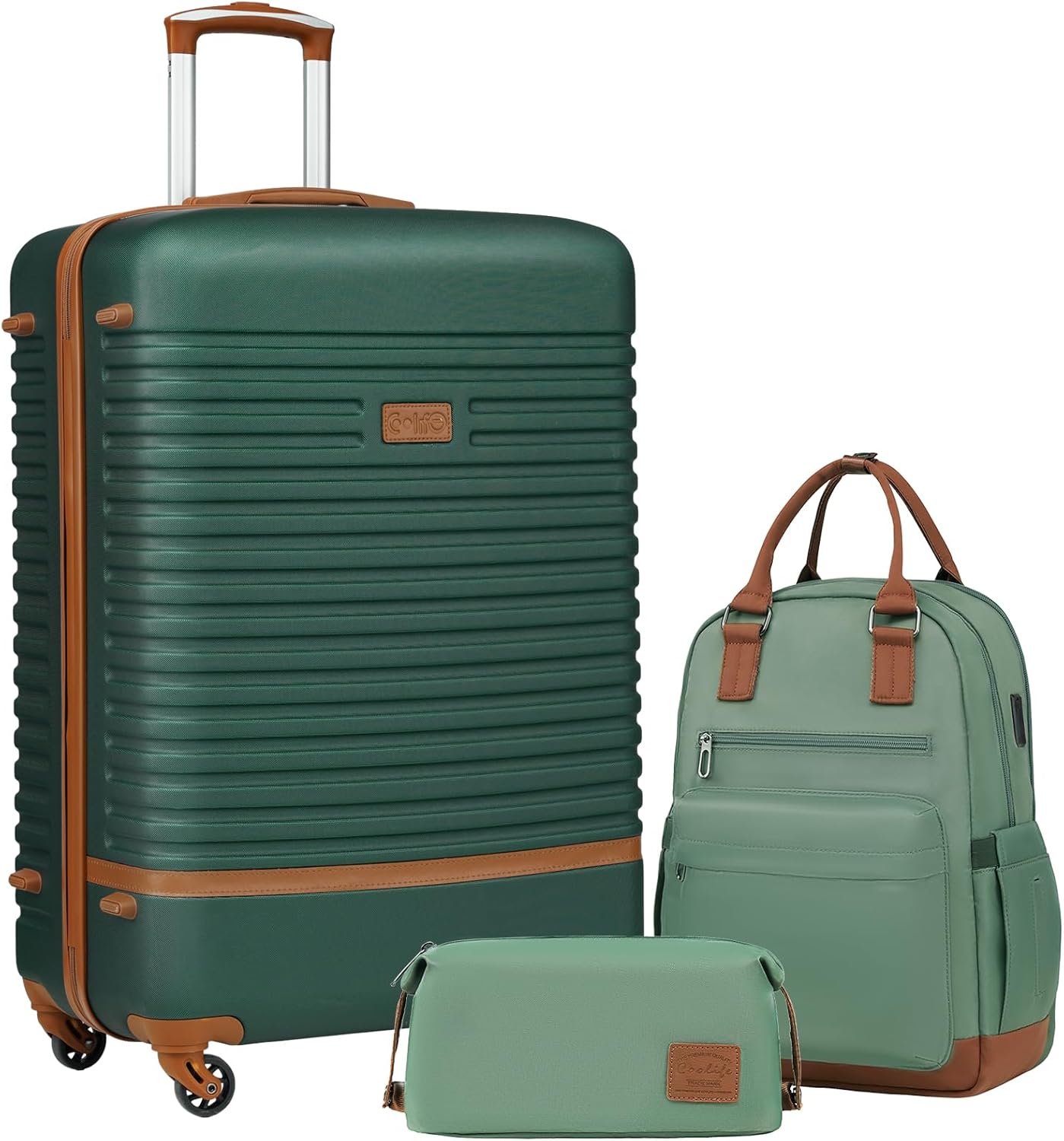 3-teiliges Hartschalenkoffer-Set mit Reiserucksack und Kulturbeutel, Grosser Koffer-Set 3tlg Dunkelgrün/Braun