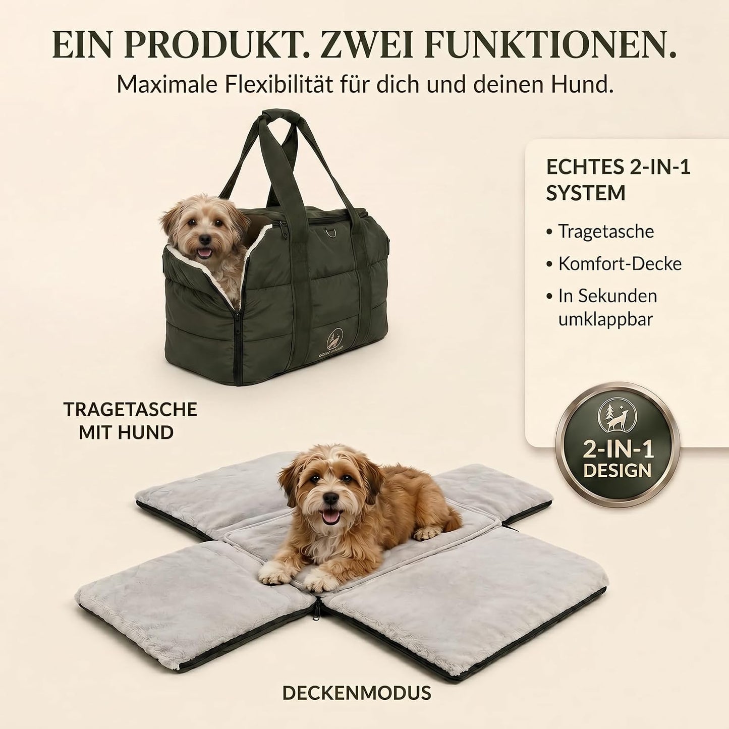 2-in-1 Hundetasche und Reisedecke, Olive Green