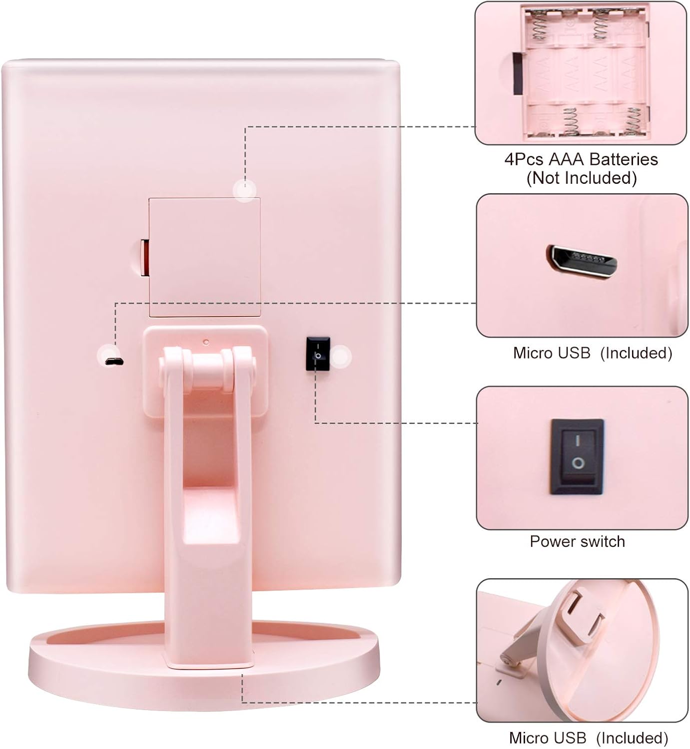 Dreifach gefalteter Kosmetikspiegel mit LED & Vergrösserung, Rosa