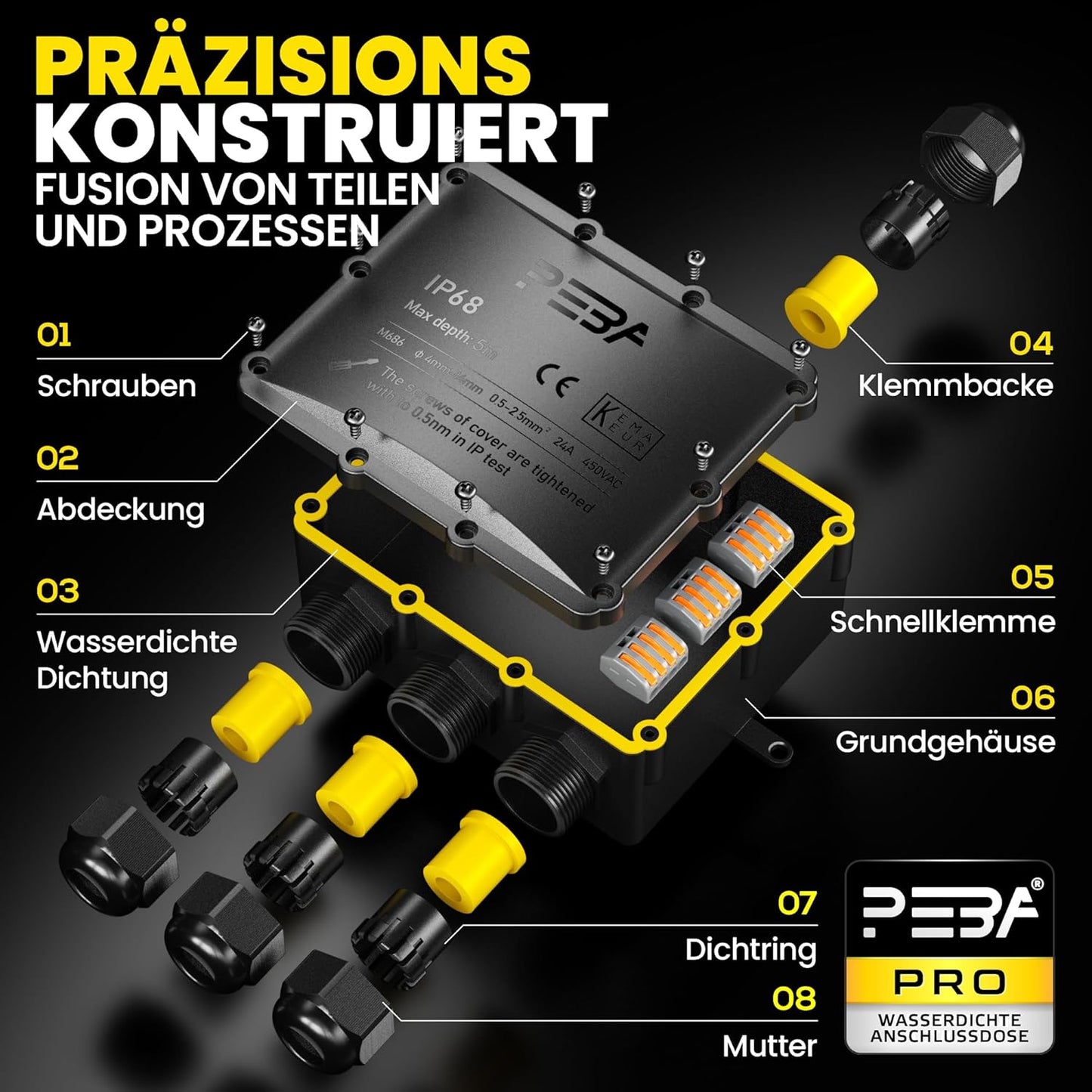 Wasserdichte 4-Wege-Verteilerdose IP68 für Aussenbereich, 4-Eingänge