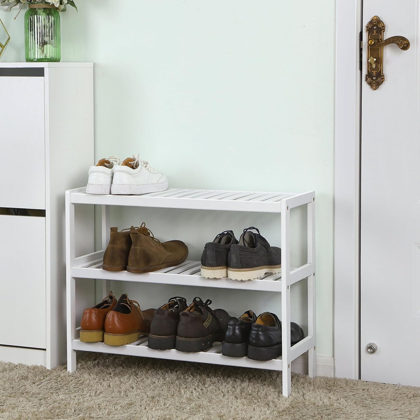 Bambus Schuhregal mit 3 Ebenen (26x70x55 cm), Weiss 3 Ebenen
