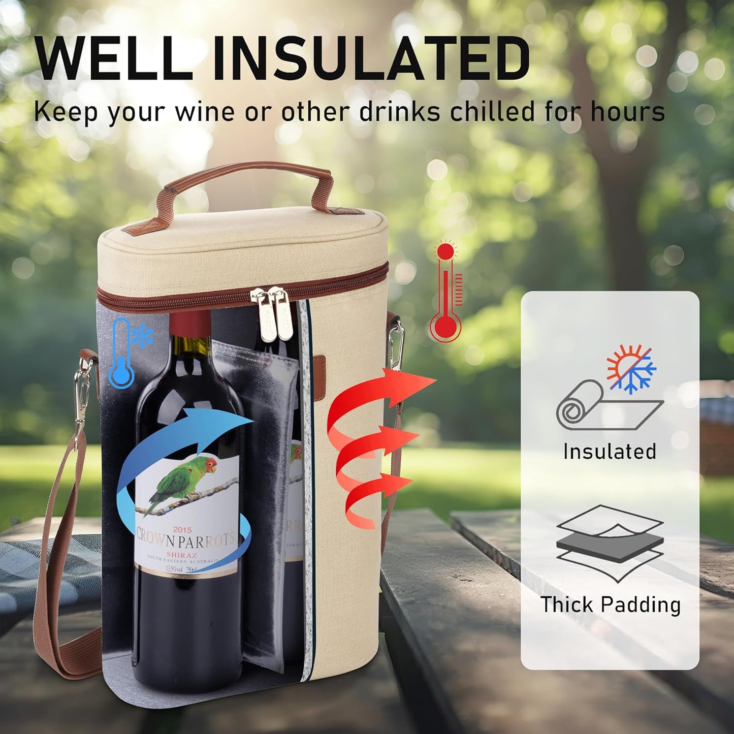 Flaschentasche mit Kühlfunktion und Korkenzieher, Kühltasche 2 Flaschen - Beige
