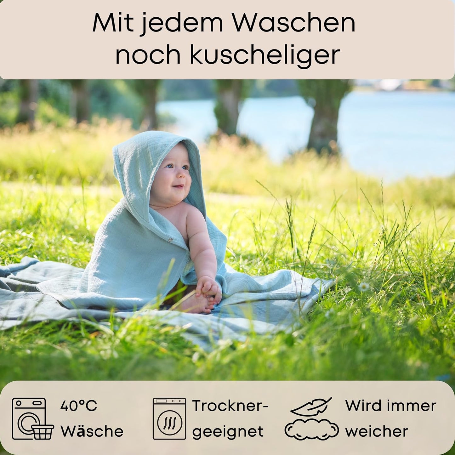 Baby Kapuzenhandtuch mit Anti-Rutsch-Knöpfen, 75x75 cm, Sea Green
