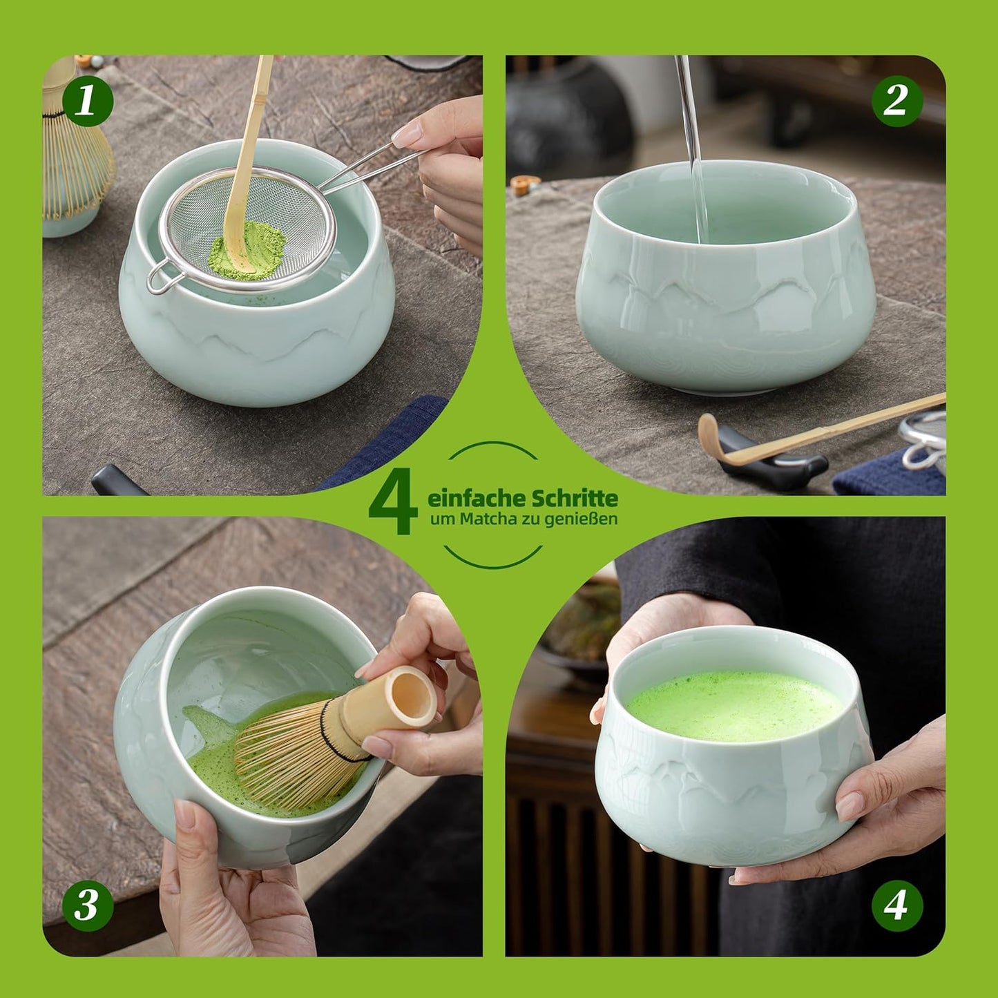 7-teiliges Matcha Tee Set mit Besen und Zubehör, Berge und Meere schnitzen Celadon Blau