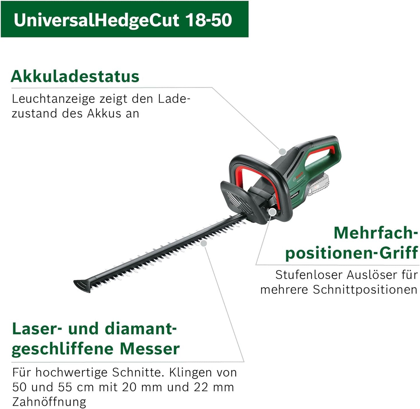 Akku-Heckenschere UniversalHedgeCut 18V-50, Ohne Akku | +Handschuhe Neues Design | Classic Green