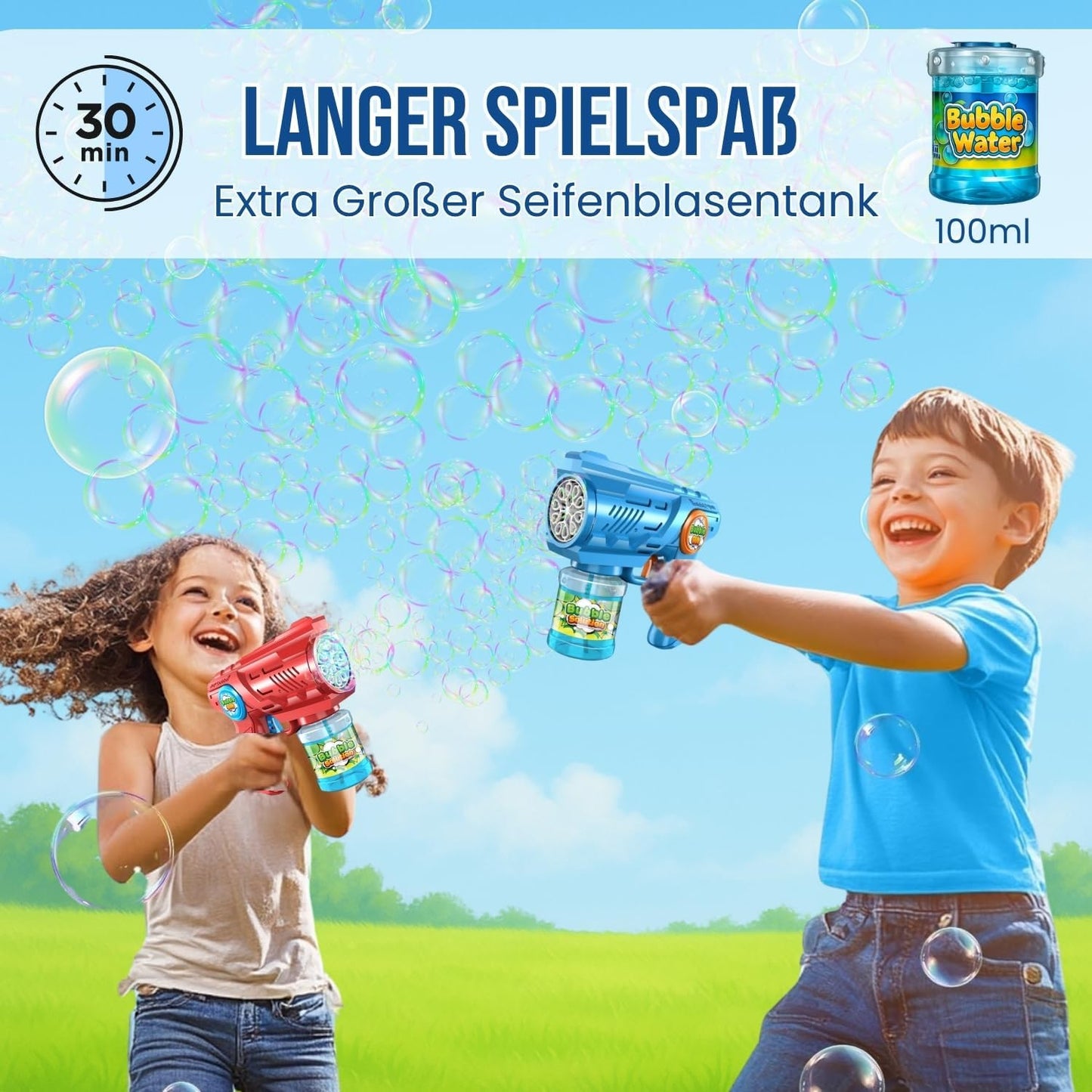 2x Seifenblasenpistolen mit LED und 100ml Tank, inkl. 1 L Nachfüllkonzentrat, Blau + Rot