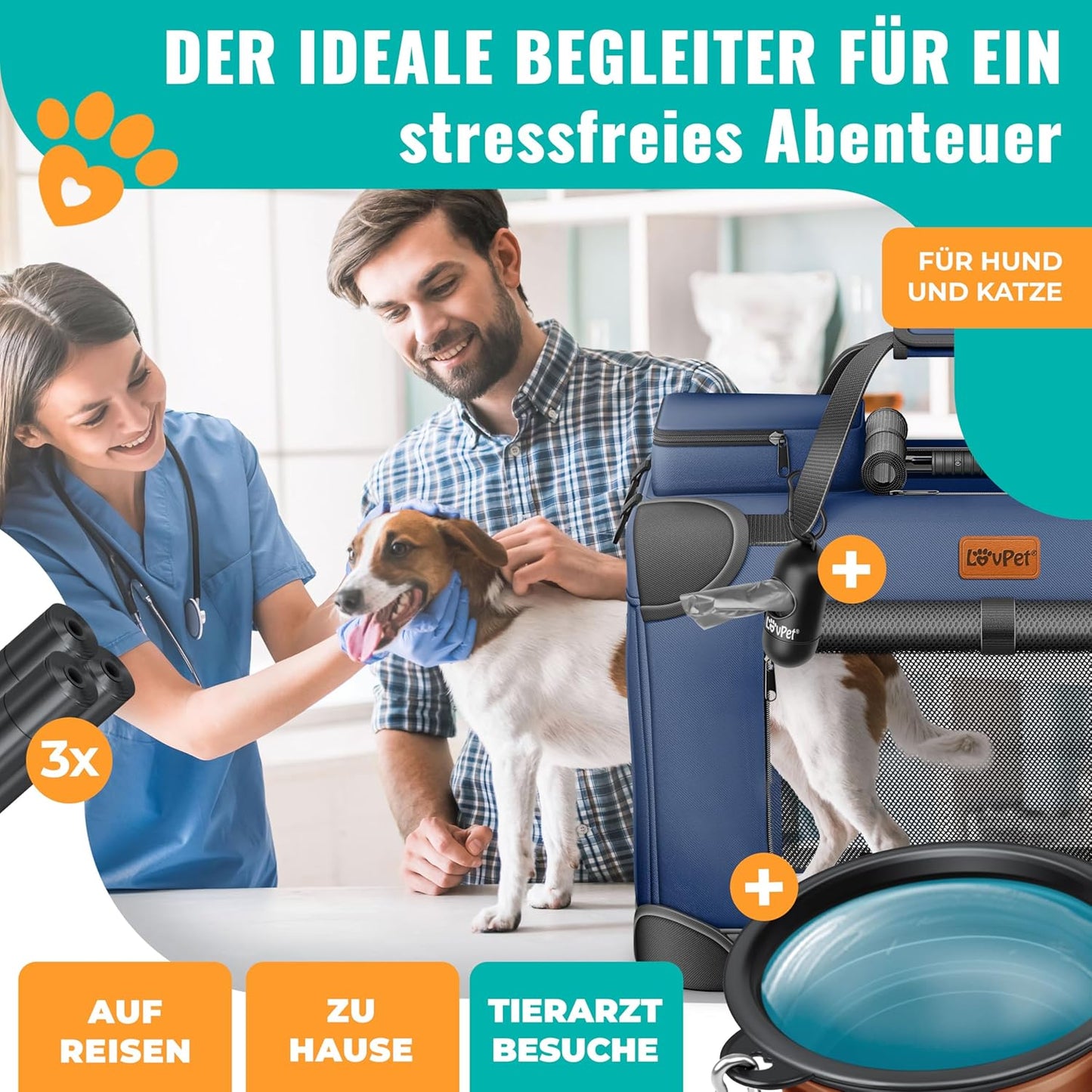 Transportbox inkl. Napf & Gurt, L 92 x B 64 x H 64 cm Navyblau