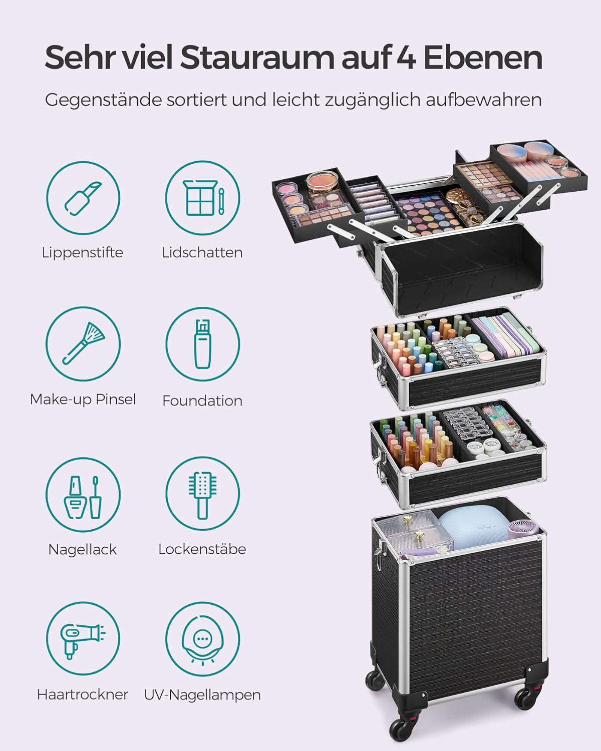 4-in-1 Kosmetikkoffer mit Rollen, Schwarz 4 in 1 (34 x 24 x 79,3 cm)