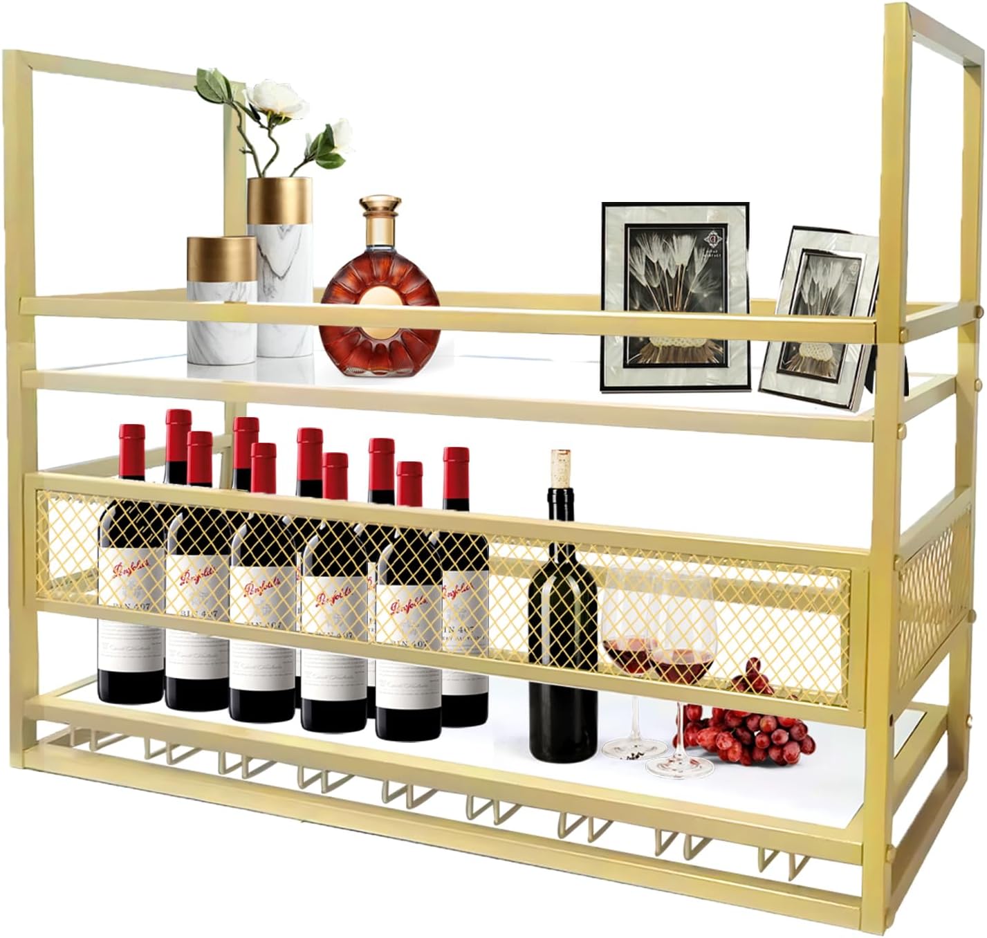 Decken-Weinregal mit Glashalter, Gold 80*30*50+40CM