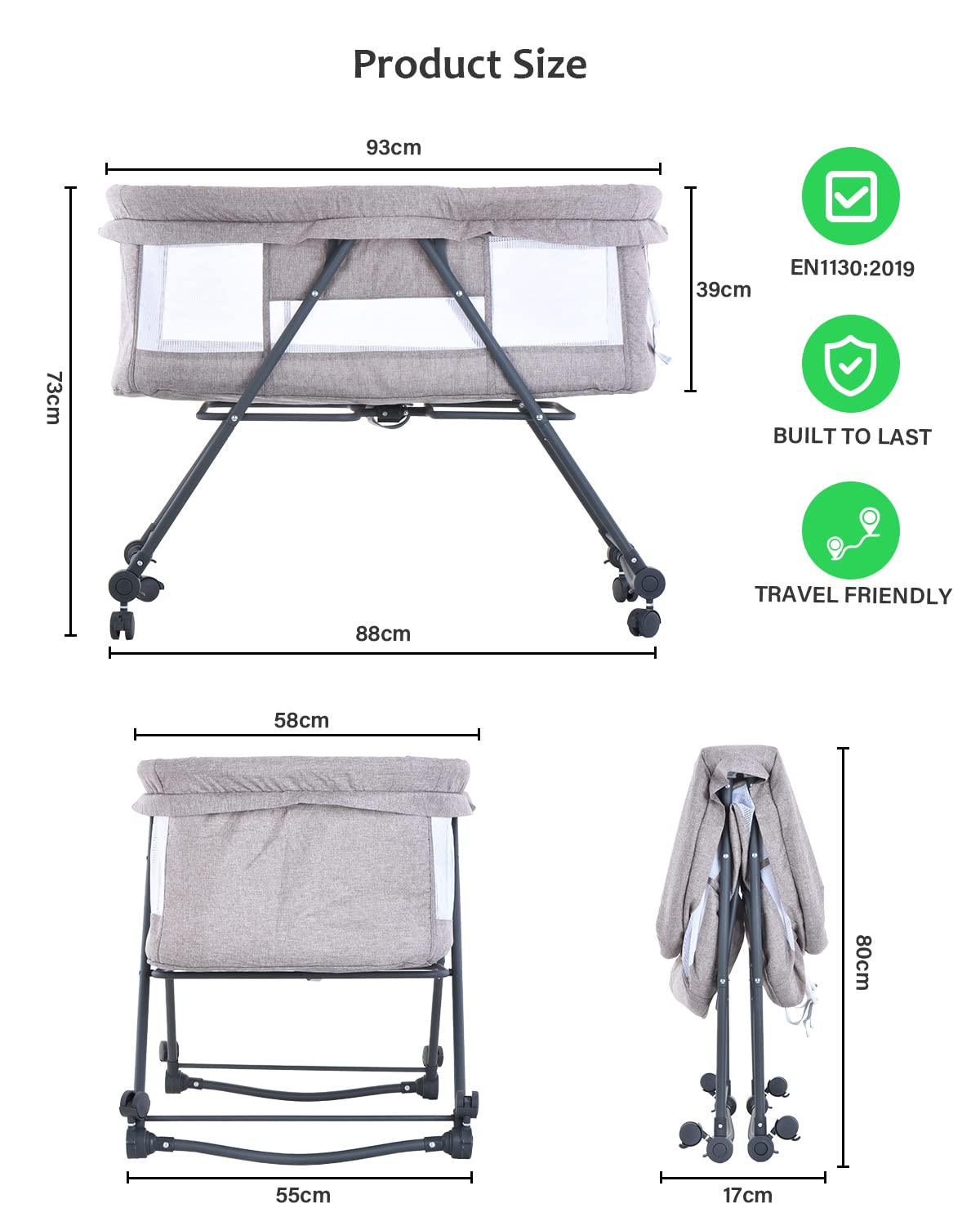 Faltbares Beistellbett Bravo Basic mit Matratze & Rädern, Khaki