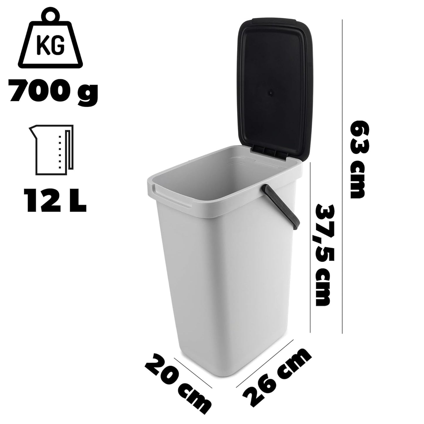 Abfallbehälter mit Deckel und Griff, 12L Grau