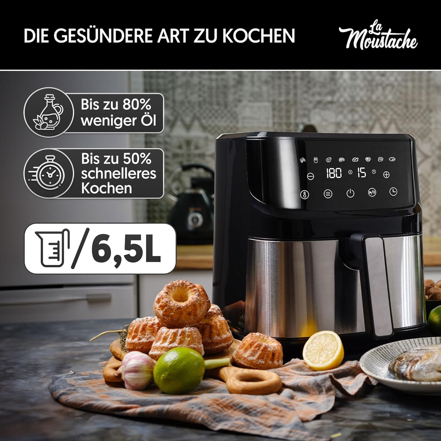Heissluftfritteuse XL mit 6 Kochfunktionen (6,5L), 6,5L Grau - Essential Plus