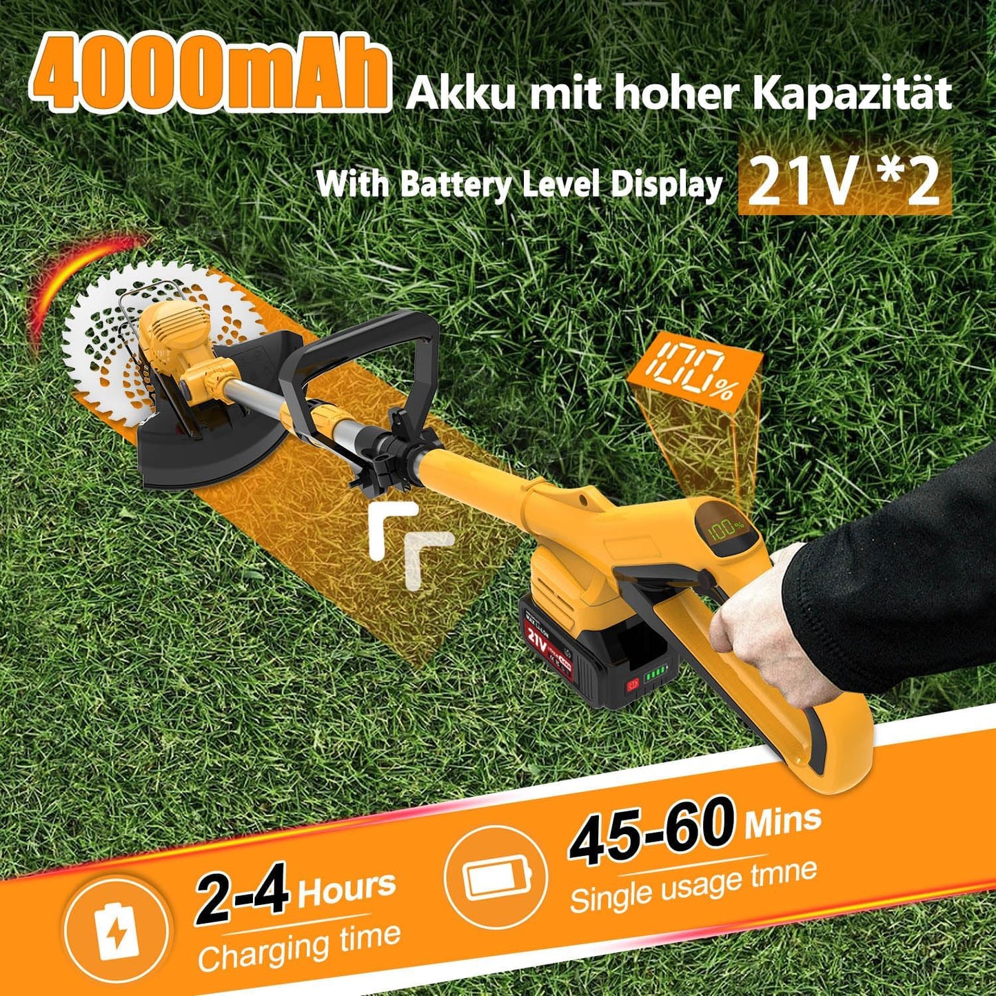4-in-1 Akku-Rasentrimmer mit Teleskopstiel, Orange