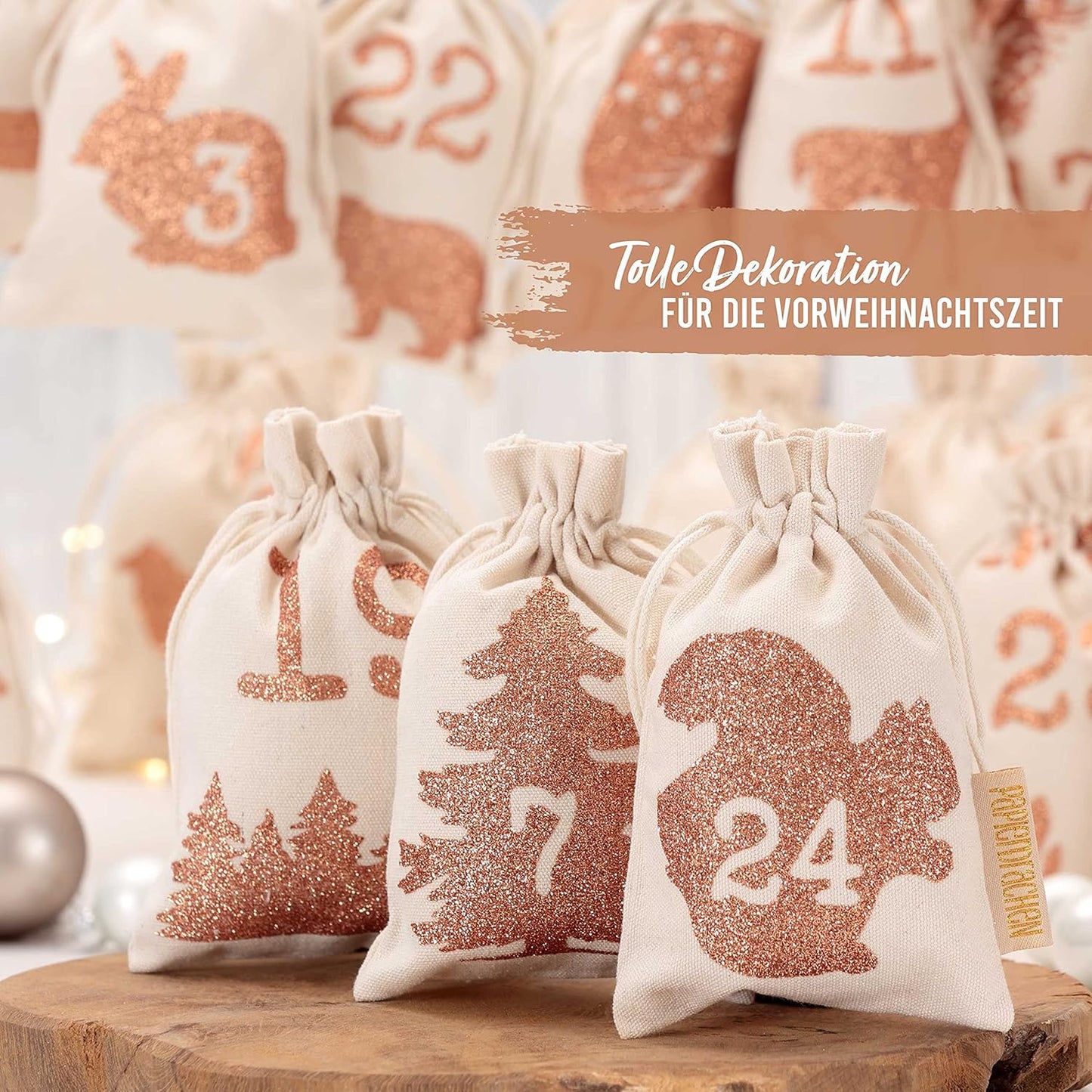 Adventskalender mit Stoffsäckchen, Waldtier Glitzer