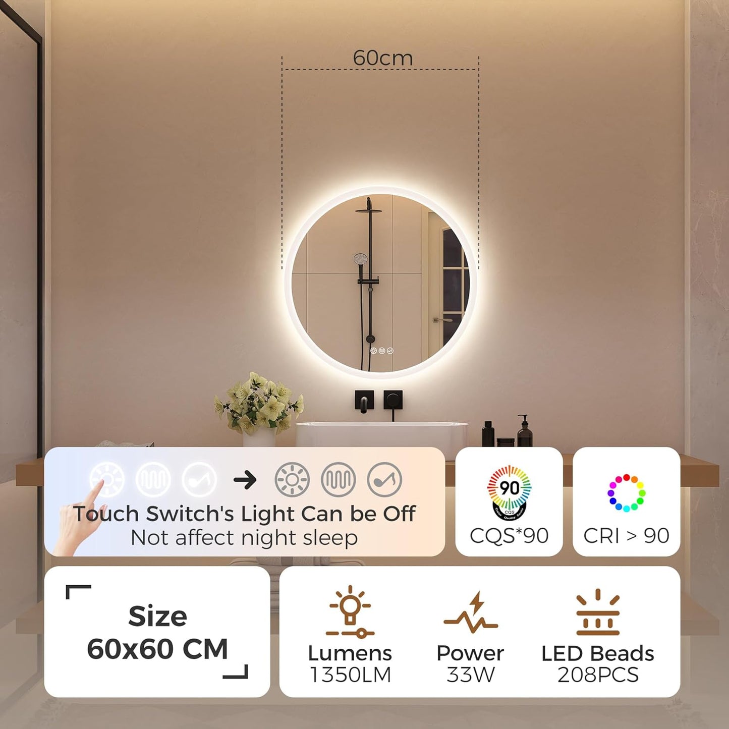 M3051 Madrid Badspiegel mit Beleuchtung & Bluetooth, 60L x 60B cm M3051 Madrid Silber (Bluetooth)