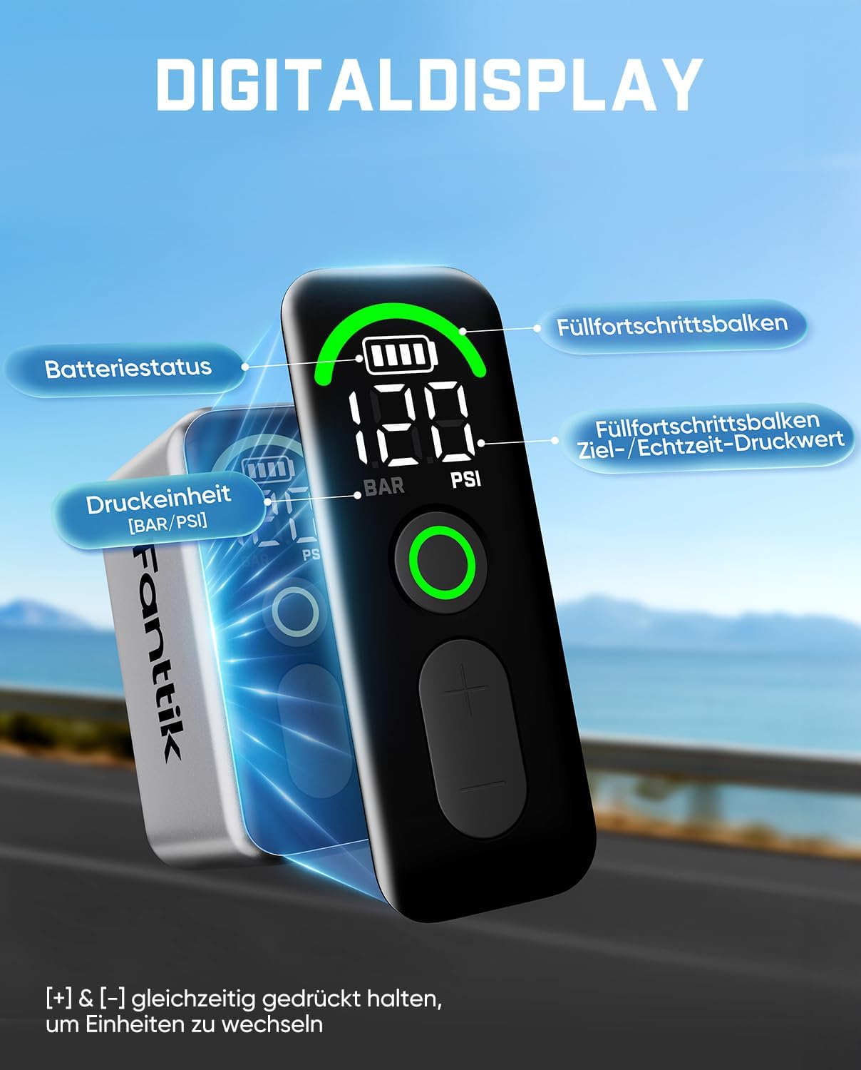Elektrische Fahrradpumpe mit digitalem Manometer