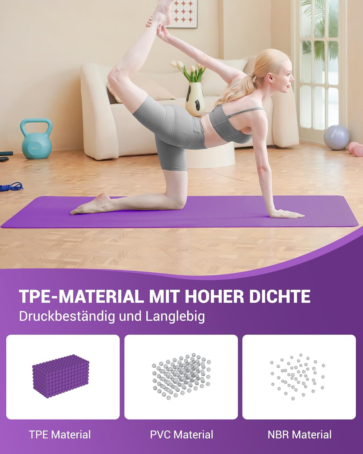 Rutschfeste Yogamatte für Gymnastik und Pilates, Lila/Rosa 6 mm