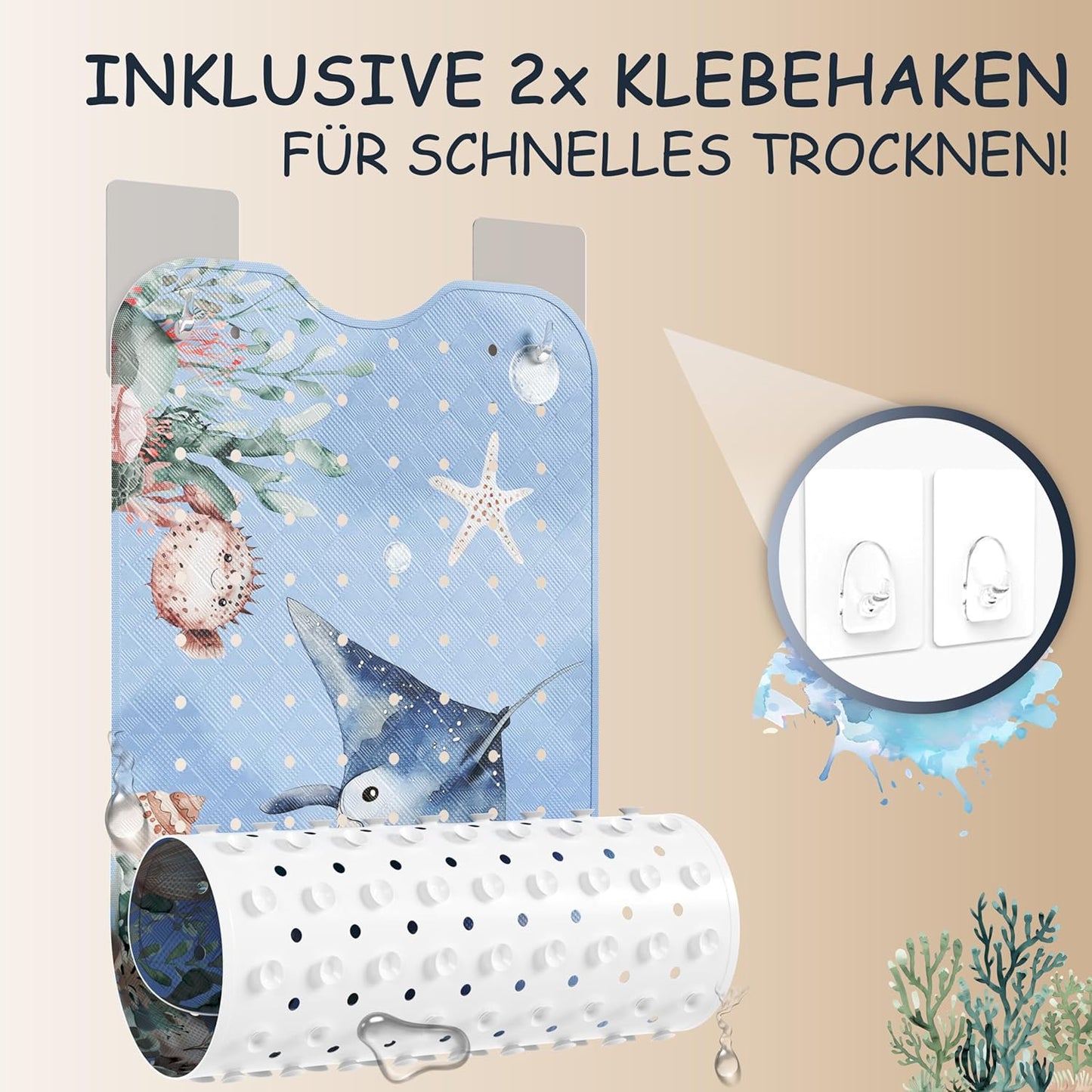 Antirutsch Badewannenmatte Kinder, 100 x 40 cm (Rechteckig) Rochen Unterwasserwelt Blau