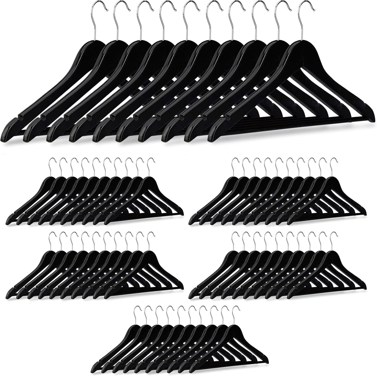 60-teiliges Kleiderbügel Set mit Hosenstange, 1, Schwarz, Silber, 60er Pack