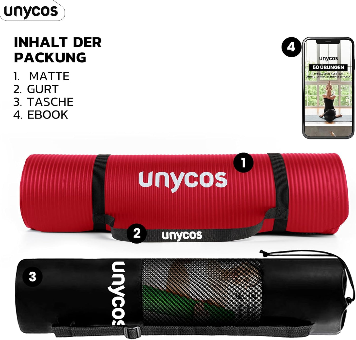 Rutschfeste Yogamatte mit Tragetasche, #05 Rot 183*60*1 cm