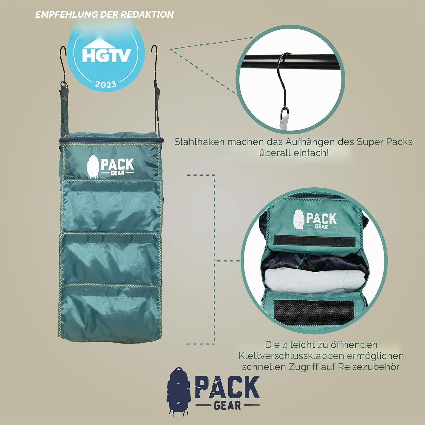 Koffer-Organizer Hängeregal für Handgepäck, Small (Carry-On) - Velcro Grün, Einfarbig