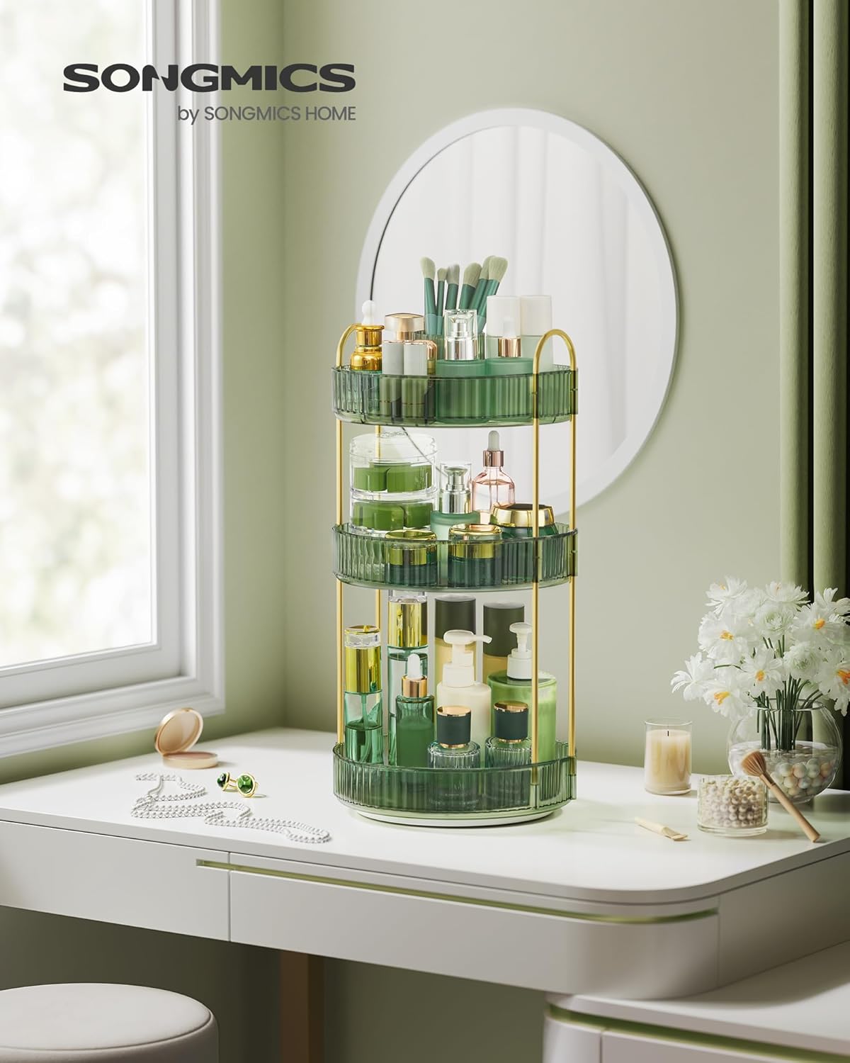Drehbarer Make-up-Organizer, Hellgrün 3 Ebenen (46H cm)