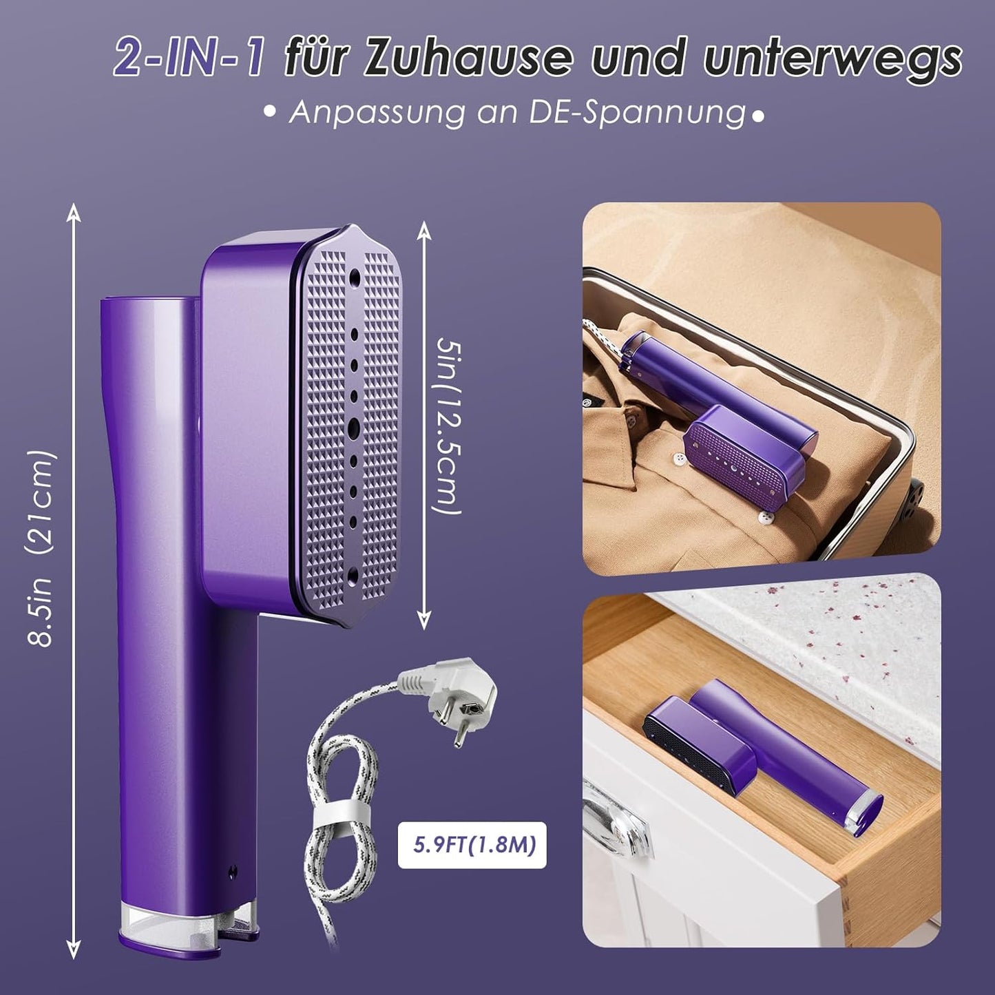 2-in-1 Hand-Dampfglätter mit LED Display, Lila