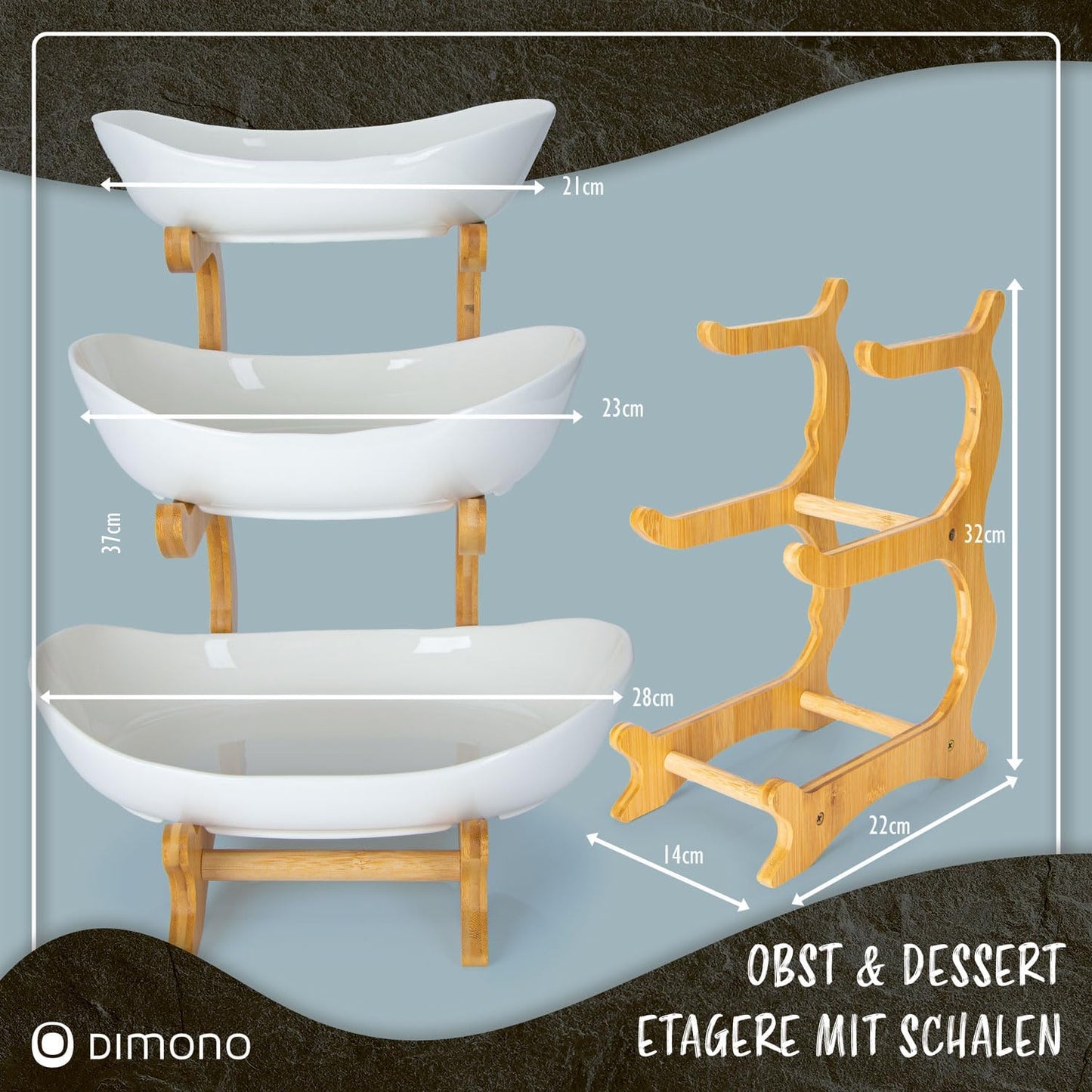 3-stufige Etagere mit Bambusgestell, Keramik