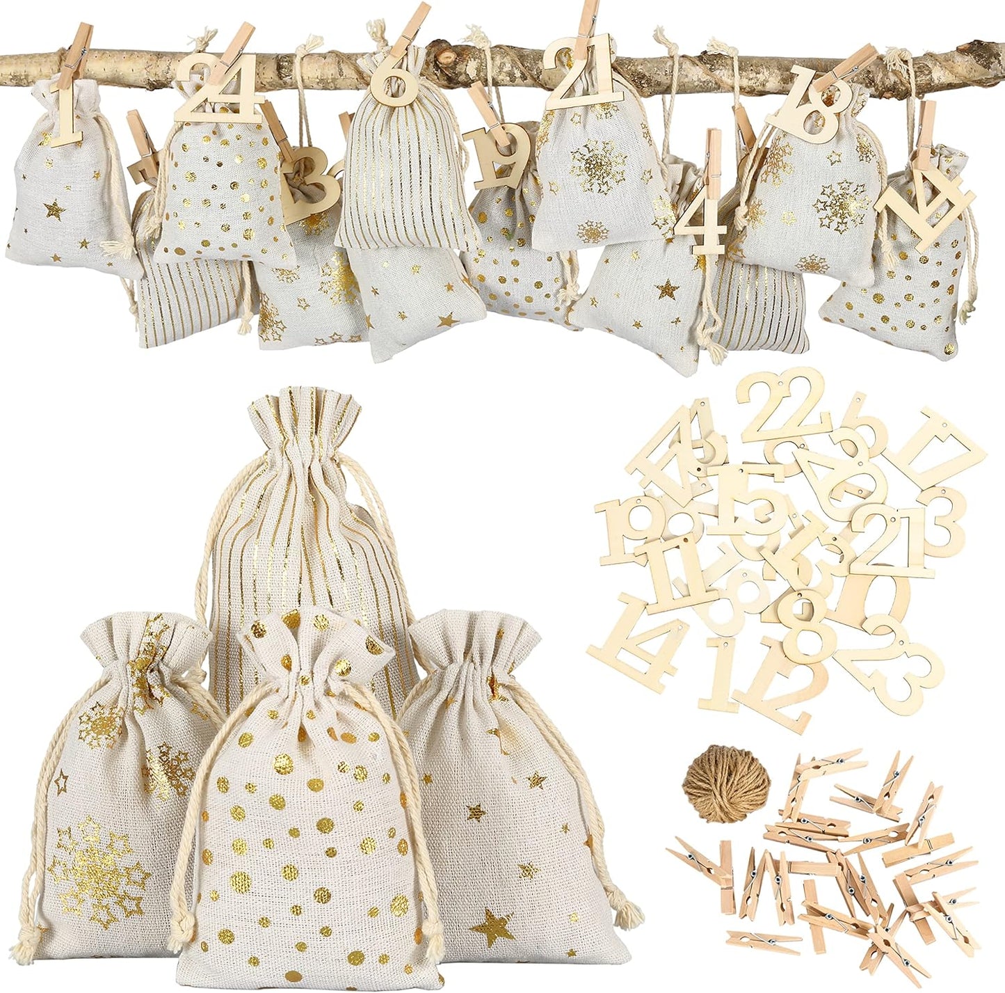 Adventskalender mit Stoffsäckchen und Holzzahlen, Gold Bedruckt