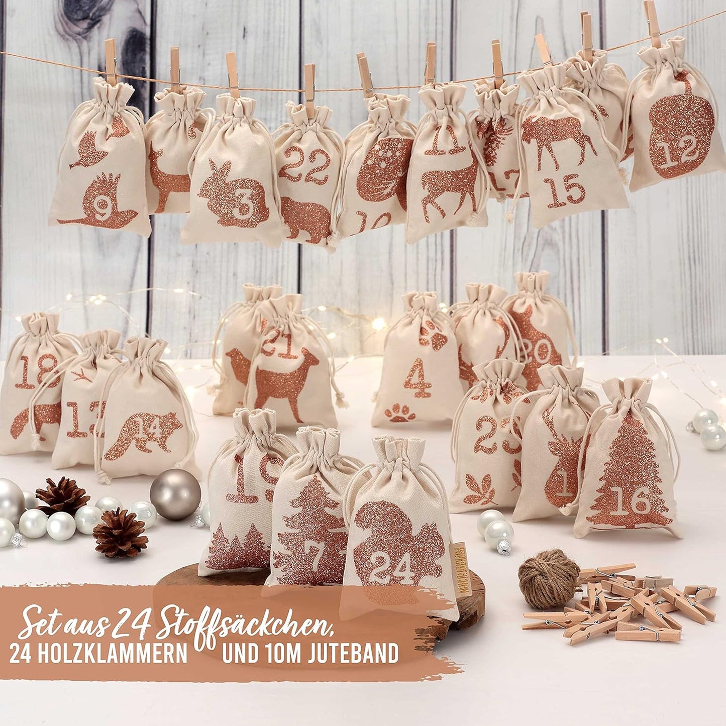 Adventskalender mit Stoffsäckchen, Waldtier Glitzer