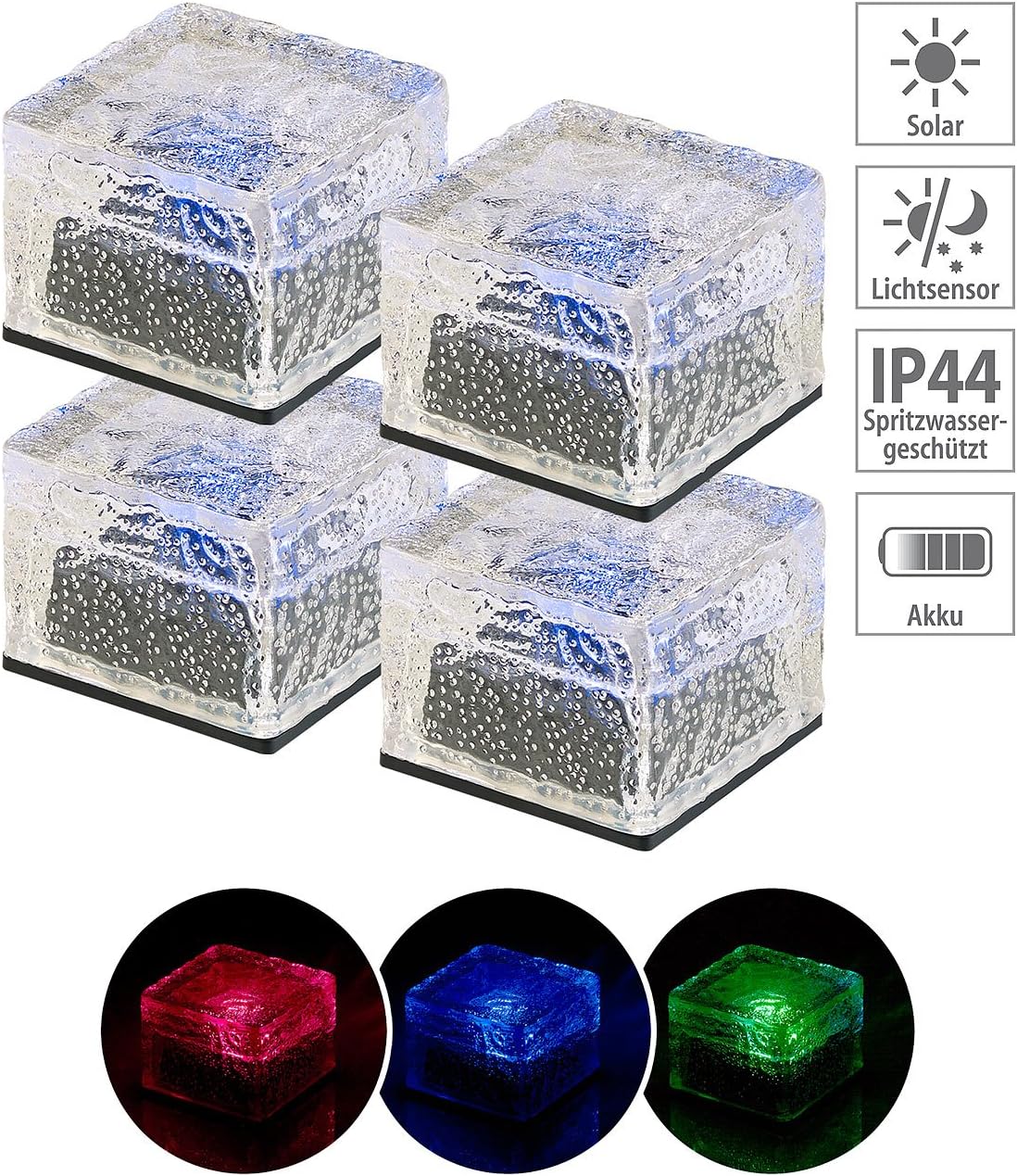 4-teiliges Solar-RGB-LED-Glasbausteine-Set mit Dämmerungssensor, 4er- Set