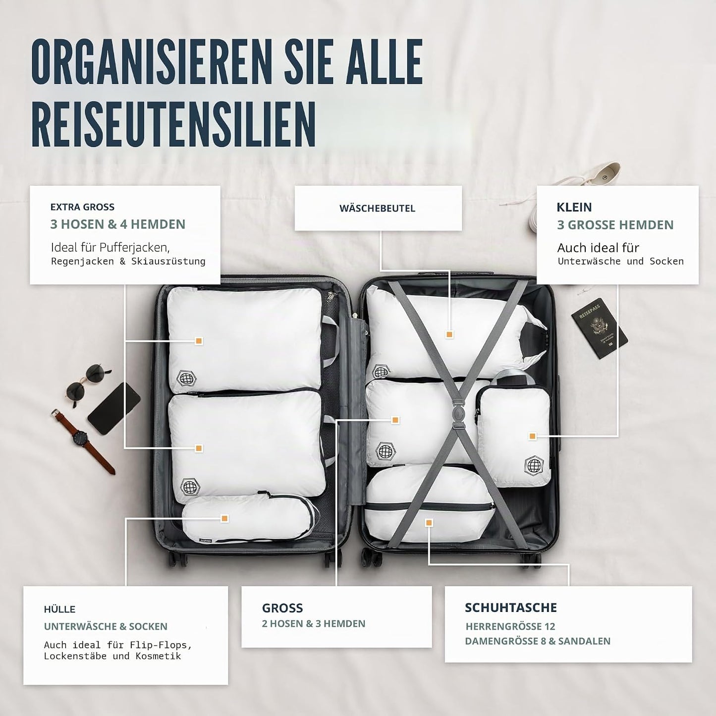 Kompressions-Verpackungswürfel-Set, Weiss/Grau